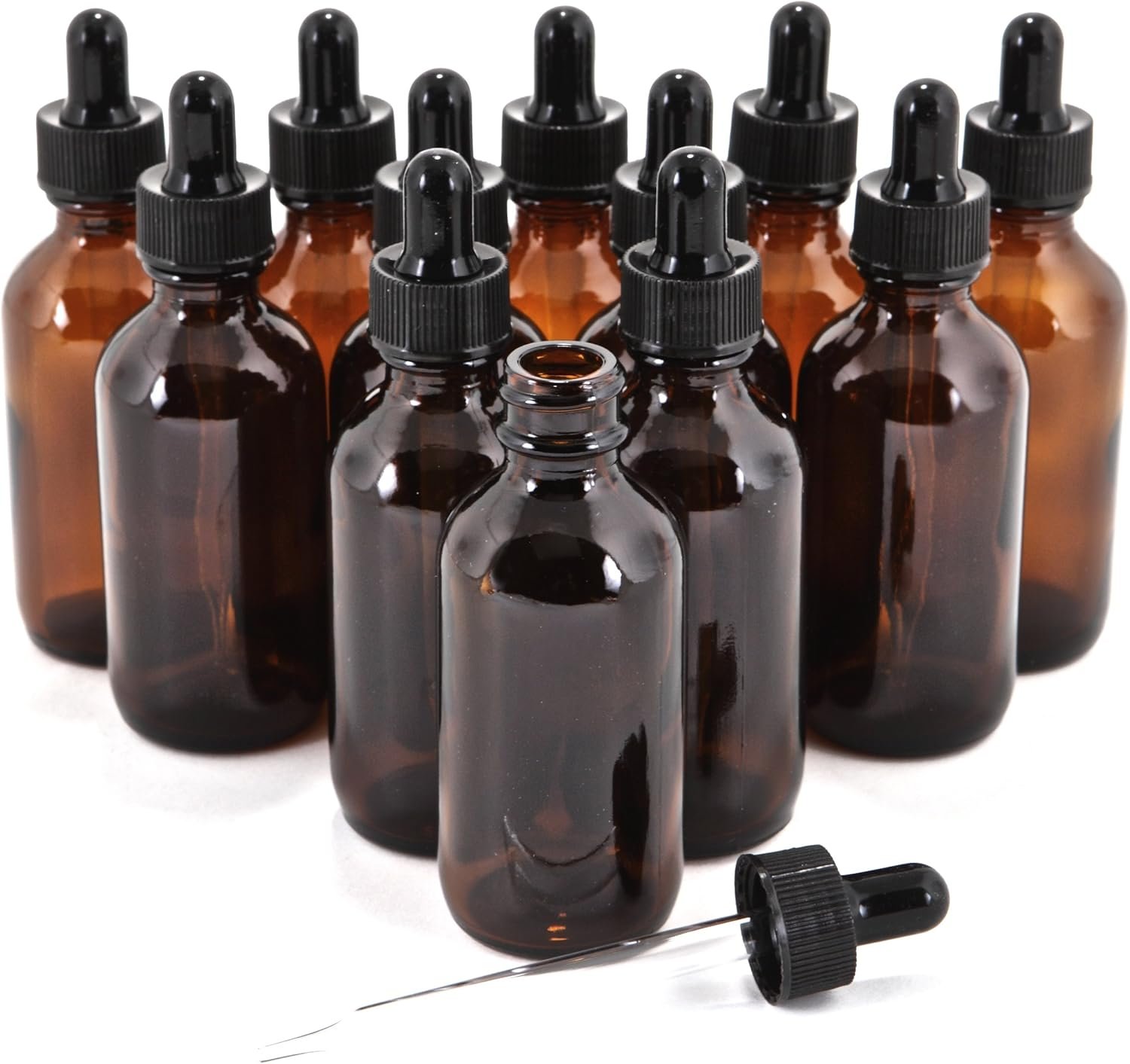 Vivaplex 2 oz Amber Glass Bottles With Glass Eye Droppers – 12 pk