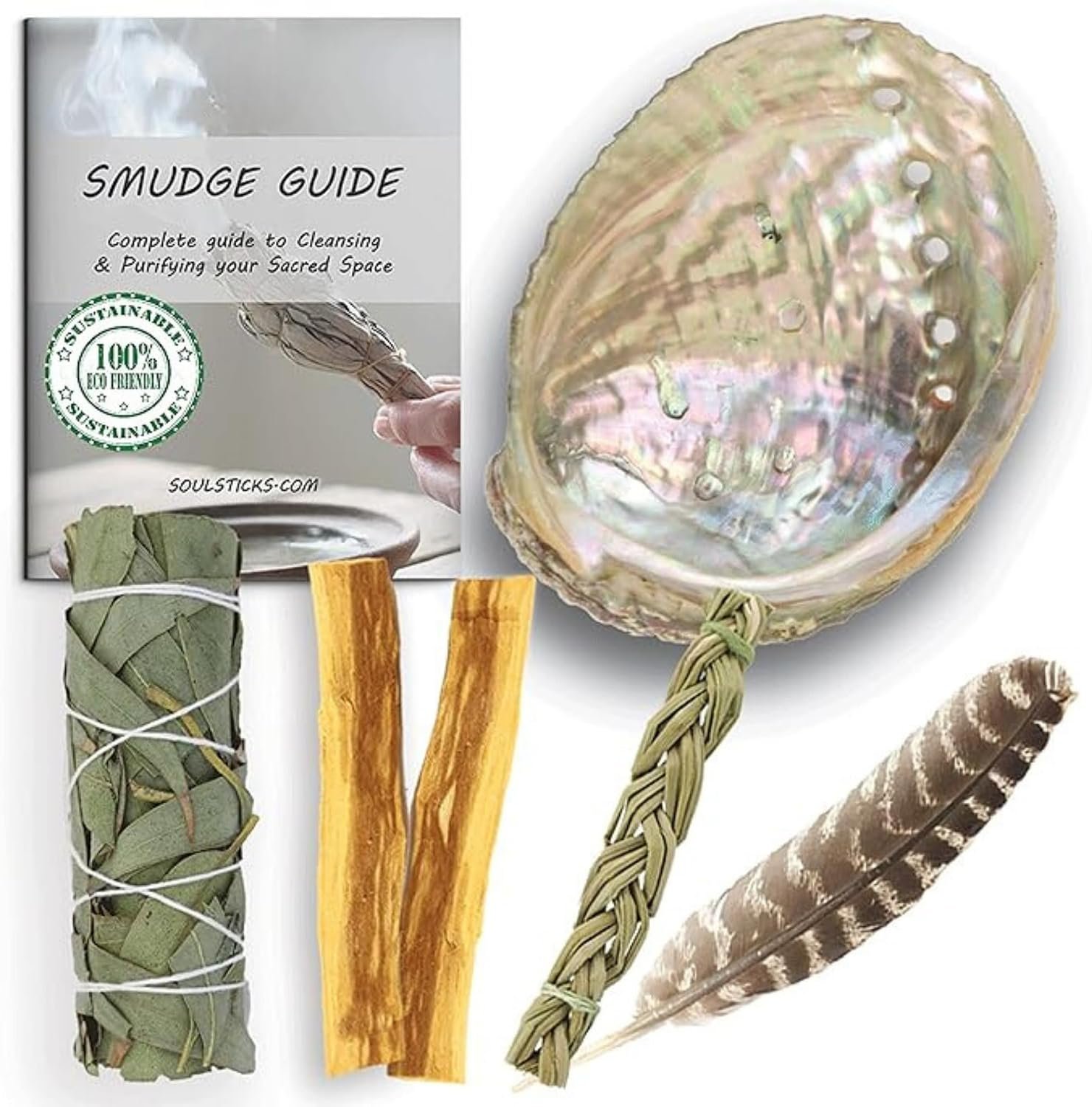 Ancient VEDA Healer’s Kit: Complete Sage Smudge Kit Bundle w/Abalone Shell, Palo Santo, Sweetgrass, Turkey Feather & Guidebook – Spiritual and Energy Cleansing, Ritual Supplies, Smudging Essentials