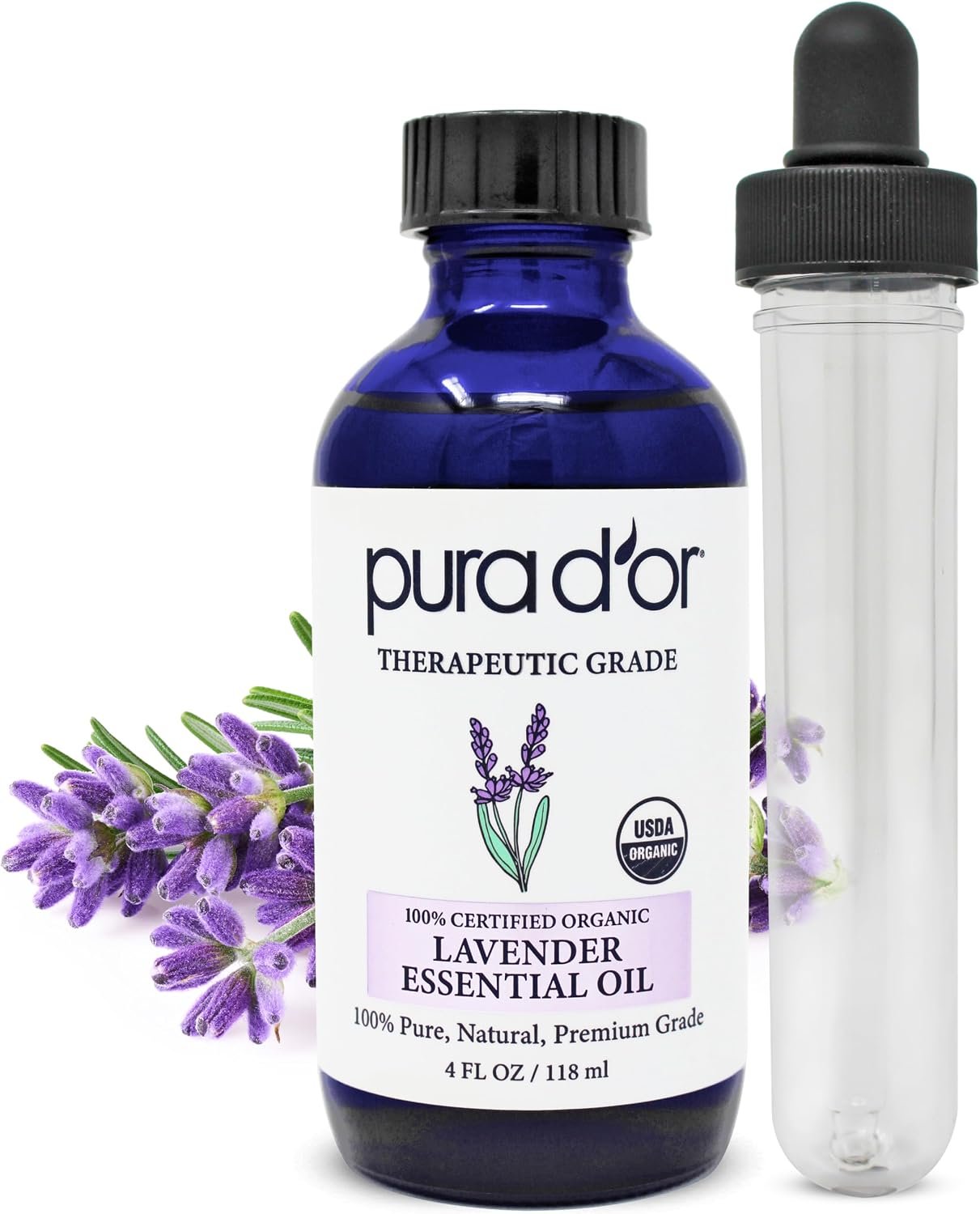 PURA D’OR Organic Lavender Essential Oil (4oz with Glass Dropper) 100% Pure & Natural Therapeutic Grade for Hair, Body, Skin, Aromatherapy Diffuser, Relaxation, Meditation, Massage, Home, DIY Soap