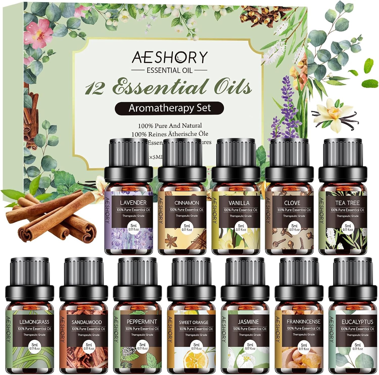 Essential Oils Set – 12 Pcs Organic Aromatherapy Essential Oil Kit for Diffuser, Humidifier, Aromatherapy, Massage, Soap, Candle Making (5mL)