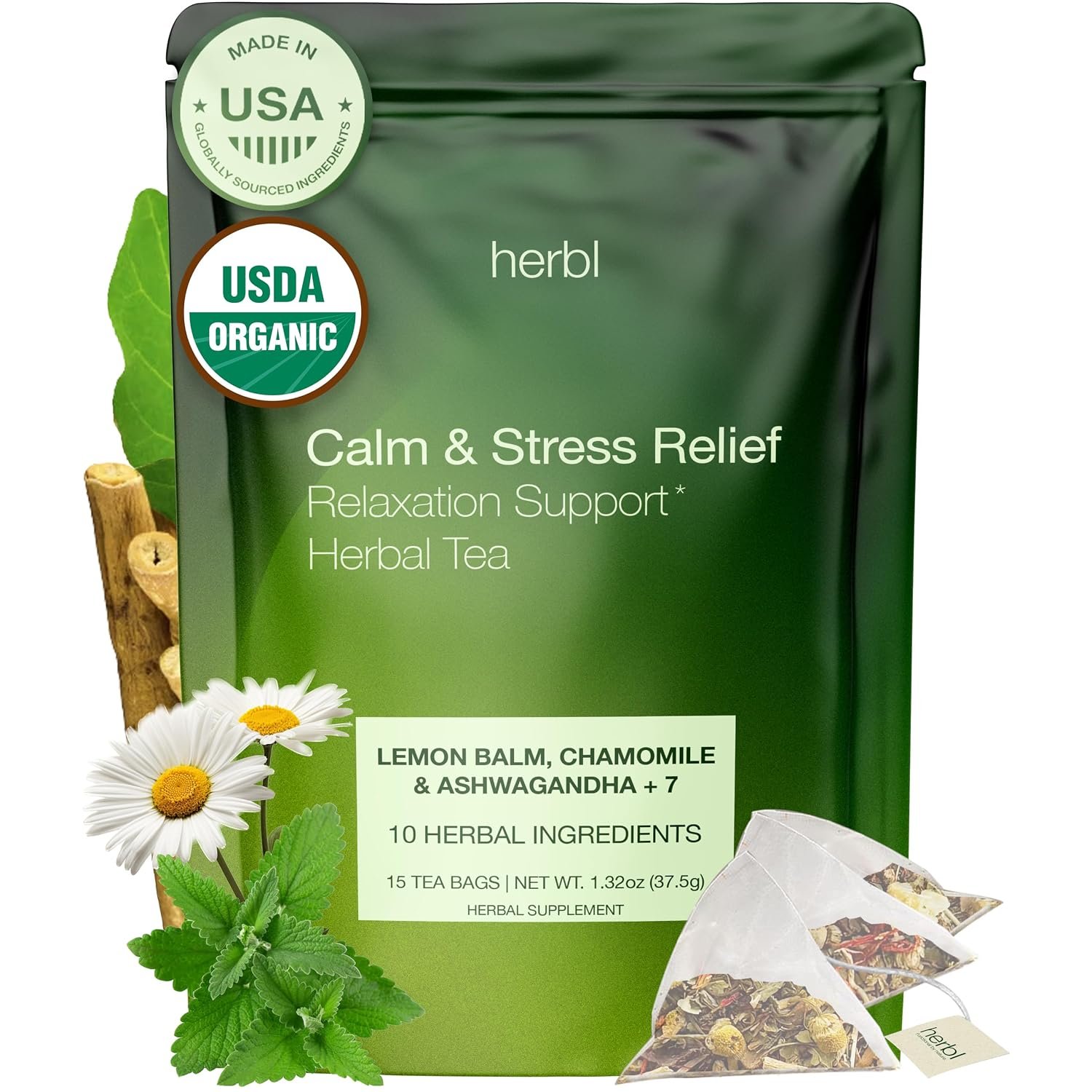 Organic Calming & Stress Relief Tea – Relaxing Tea with Lemon Balm, Chamomile, Ashwagandha, St Johns Wort, Skullcap and Extra Herbal Ingredients – The Ultimate USDA Organic Lemon Balm Calming Tea