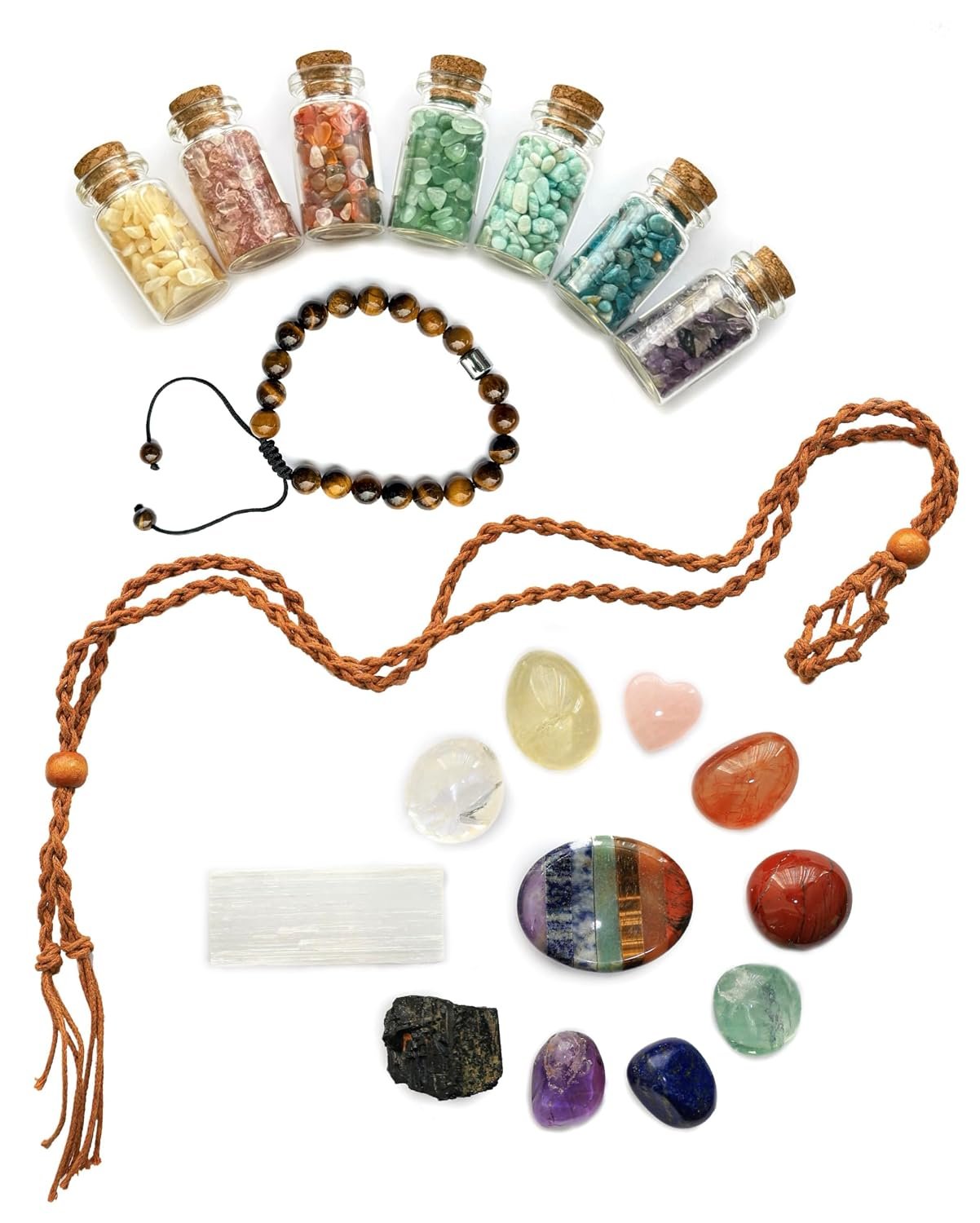 Chakra Healing Crystals Beginner Kit, 20pcs Premium Stones Set with Tiger Eye Bracelet, Selenite Stick, Necklace Holder & 7 Gemstone Bottles | Spiritual Gifts for Women, Meditation & Reiki