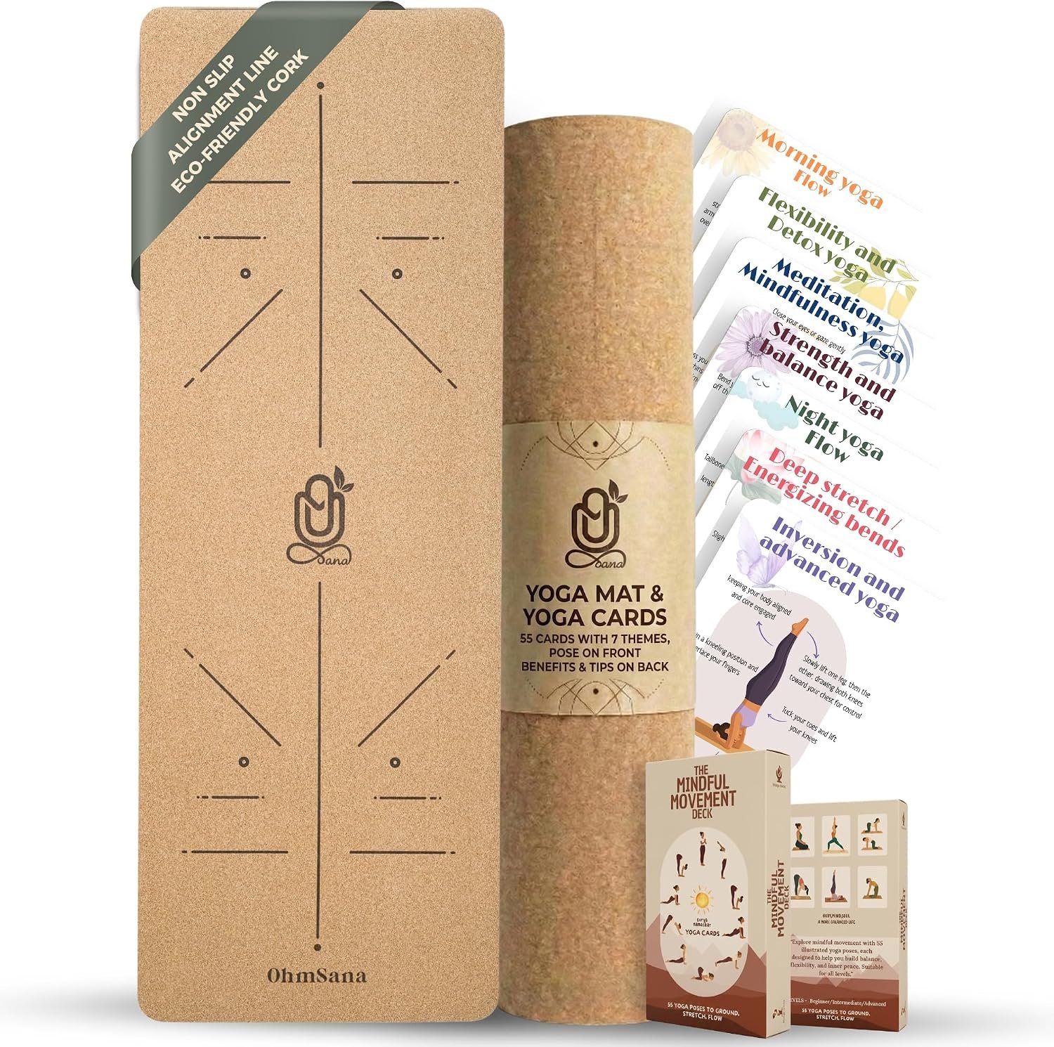 Natural Cork Yoga Mat with Alignment Lines and 55 Instructional Cards in 7 Themes for Beginner – Non-Slip Eco Friendly – 183x66x5mm for Home Workouts, Balance & Precision