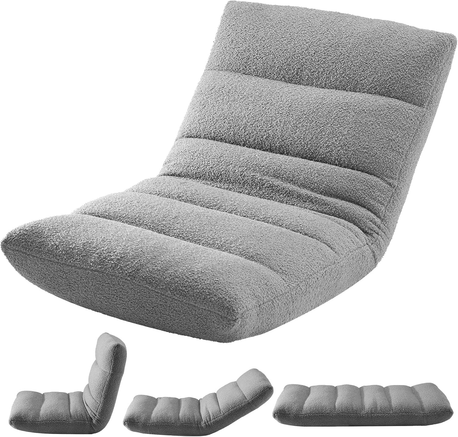 DUMOS Folding Floor Chair with Back Support, Adjustable 14-Position Floor Seating with Comfy Teddy Velvet for Adults & Kids, Reading, Gaming, Meditation, Watching, Grey