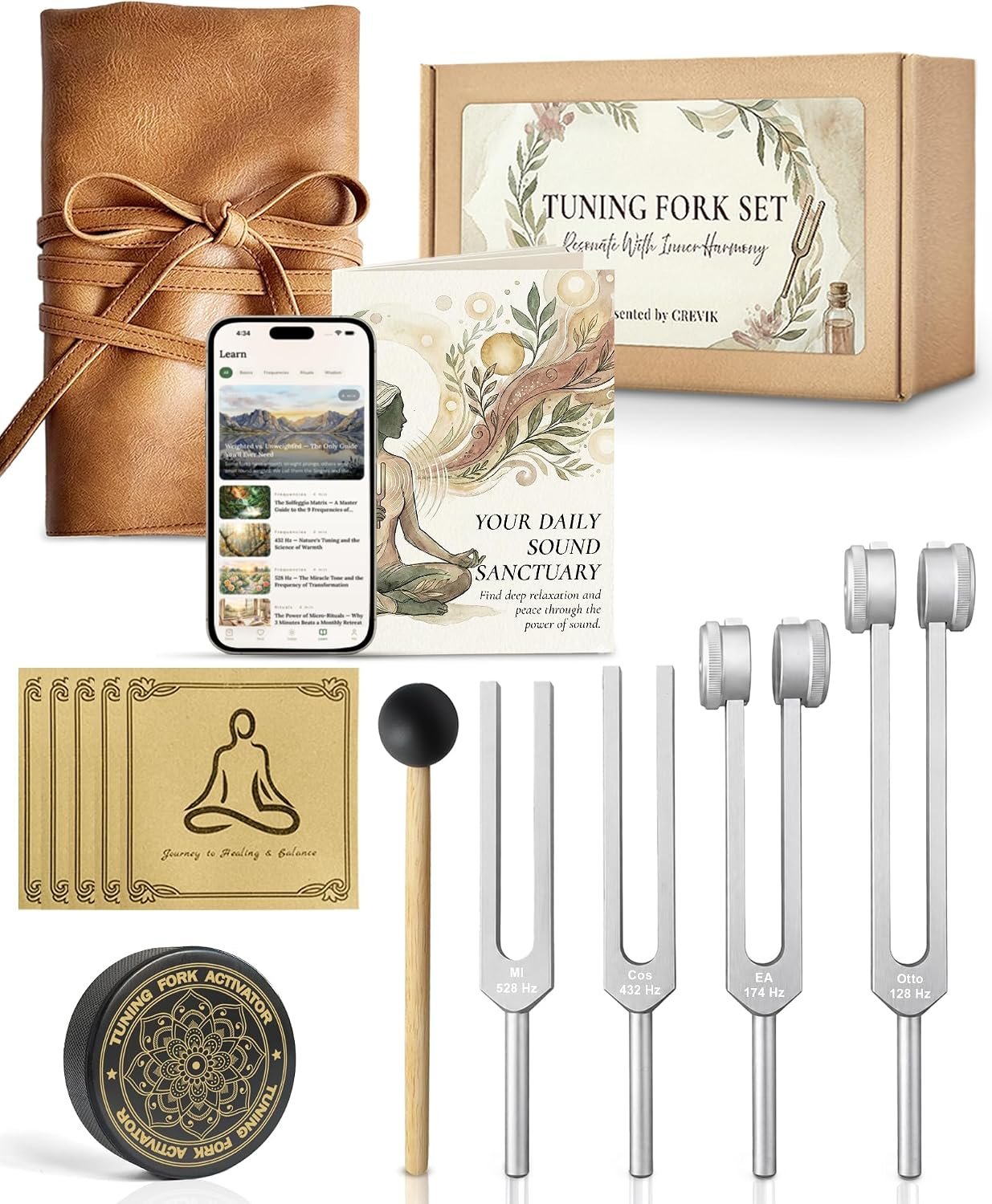 Tuning Forks for Healing Set – 128 Hz, 174 Hz, 432 Hz, 528 Hz Weighted & Unweighted Resonance Tuning Fork Kit – Chakra Sound Therapy Instruments for Meditation & Yoga in Pouch