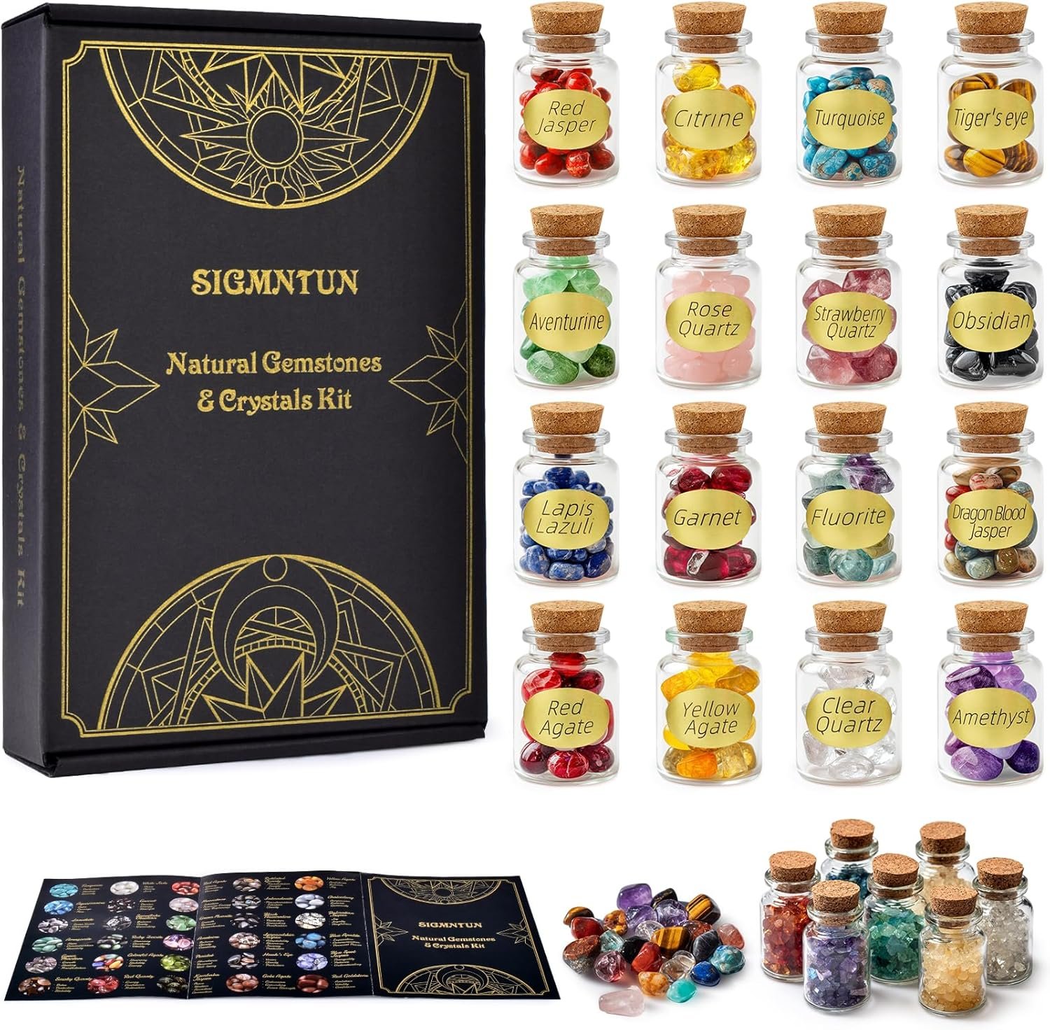 Healing Crystals in Jars 16 PCS, Christmas Gift for Women, Polished Crystal Chips, Trinkets and Gem Stones Set for Witchcraft Supplies, Mini Gemstones, Beginner Crystal Kit