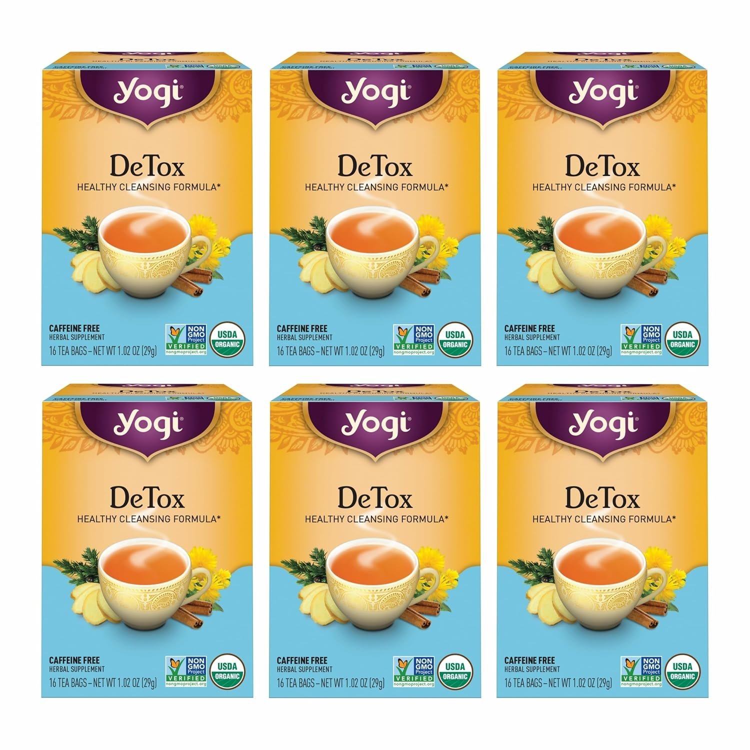 Yogi Tea DeTox Tea – 16 Tea Bags per Pack (6 Packs) – Organic Detox Tea for Digestive & Circulation Support – Includes Burdock, Dandelion, Ginger Root, Black Pepper, Cardamom & Juniper Berry