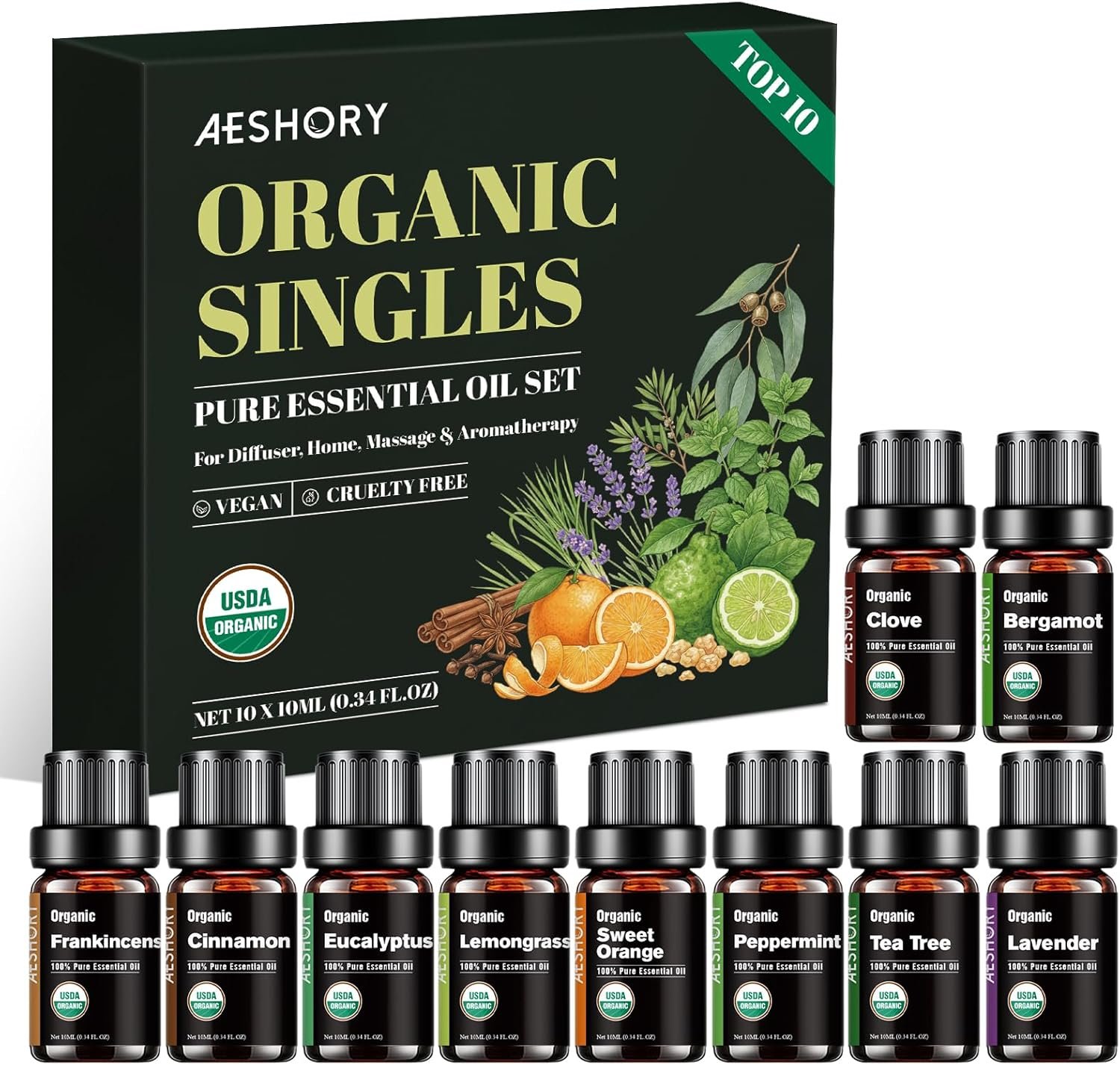Organic Essential Oils Gift Set, Top 10x10ML-100% Pure Natural Aromatherapy for Diffusers, Humidifiers, Candle Making, Peppermint, Tea Tree, Lavender, Frankincense, Lemongrass, Eucalyptus & More