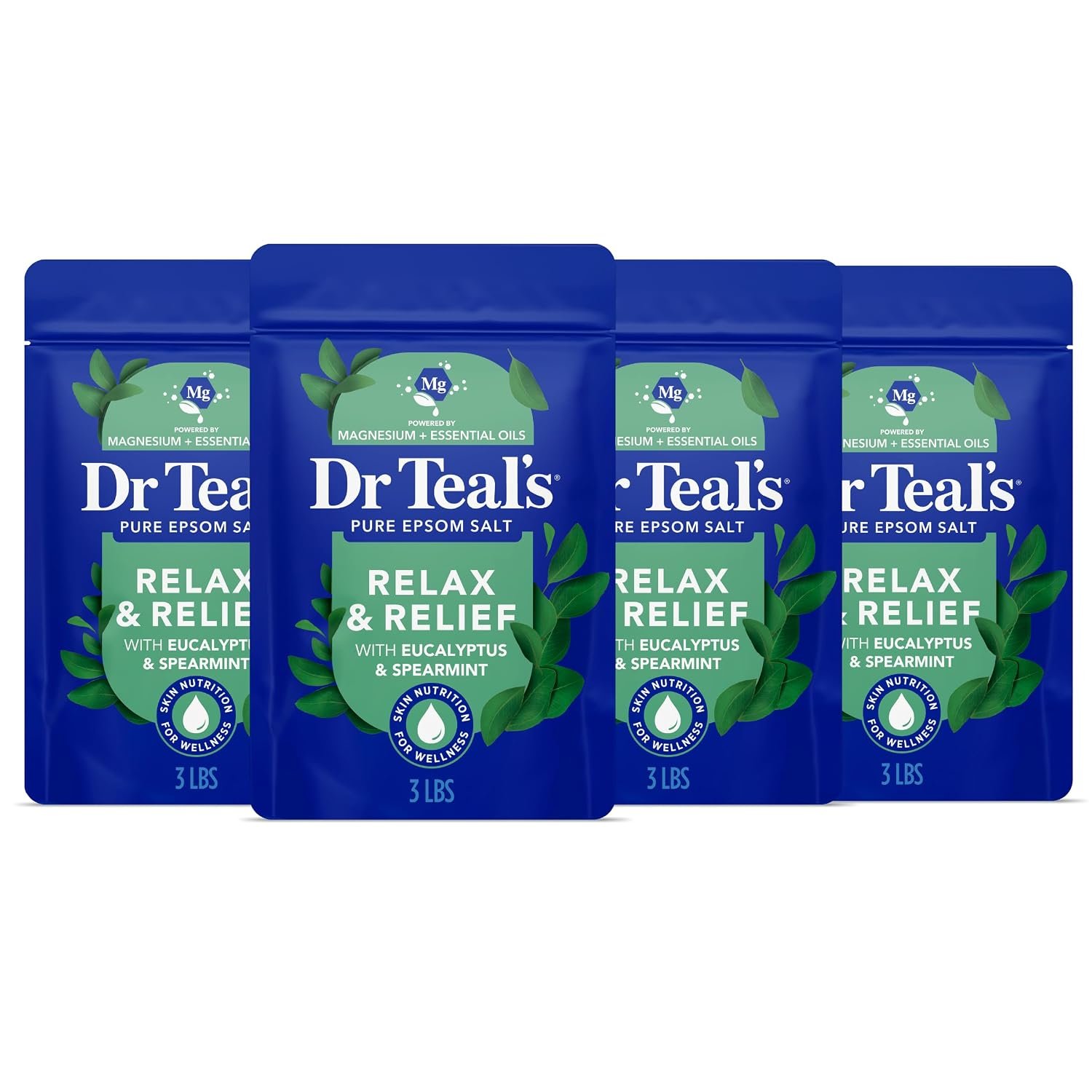 Dr Teal’s Pure Epsom Salt, Relax & Relief with Eucalyptus and Spearmint, 3 lb (Pack of 4)