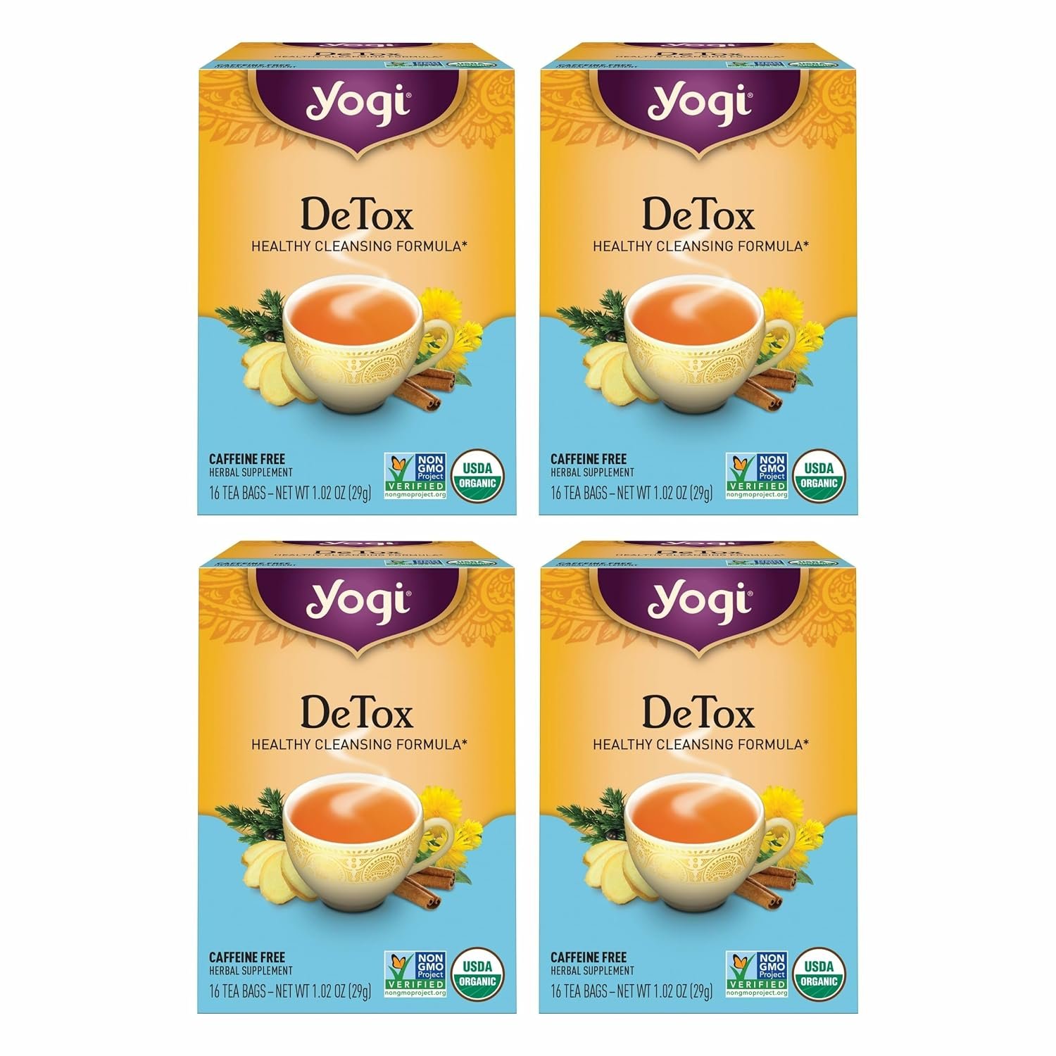 Yogi Tea DeTox Tea – 16 Tea Bags per Pack (4 Packs) – Organic Detox Tea for Digestive & Circulation Support – Includes Burdock, Dandelion, Ginger Root, Black Pepper, Cardamom & Juniper Berry