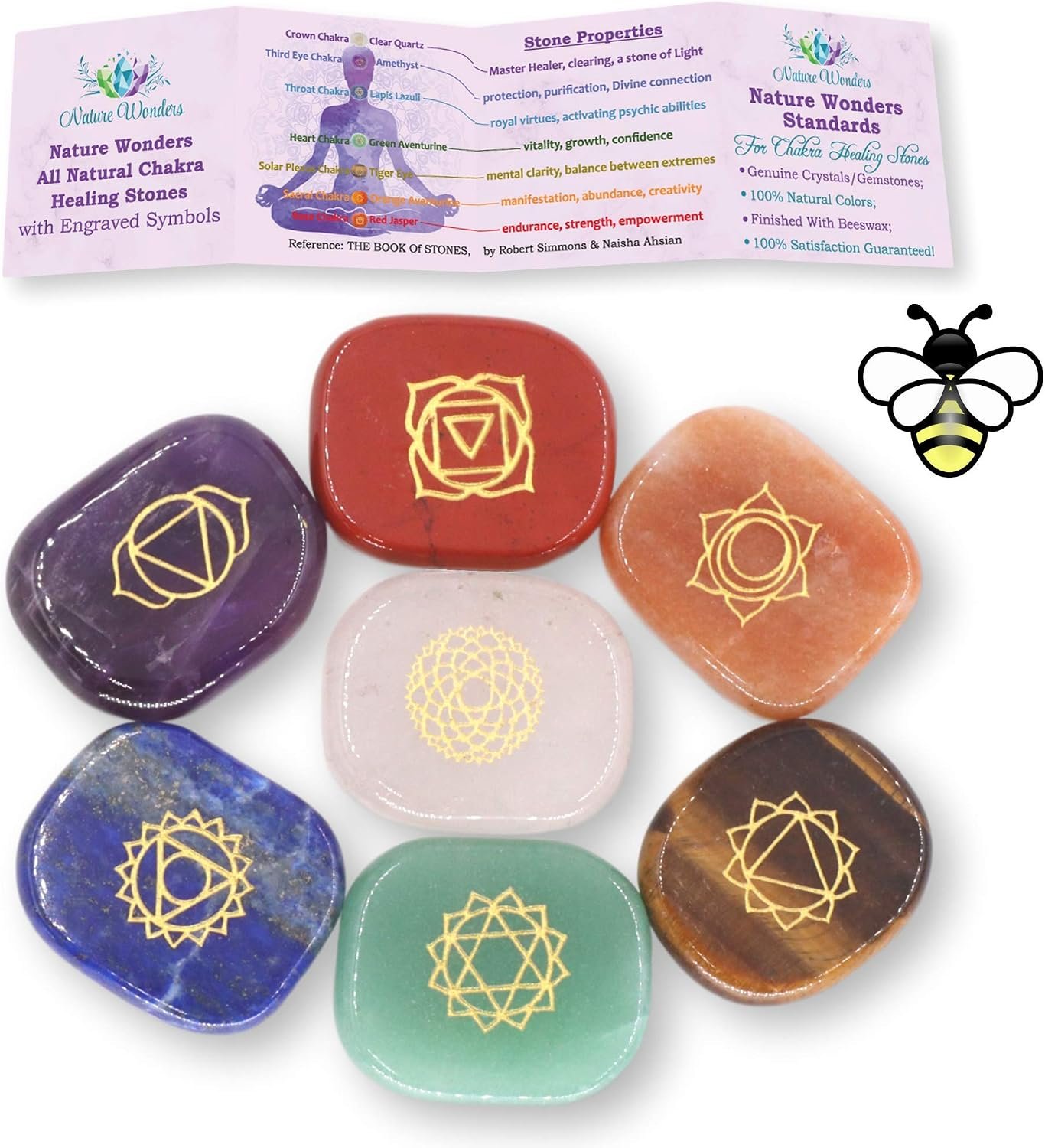NatureWonders All Natural Chakra Stone Set with Information Brochure & Travel Pouch – Healing Crystals, Polished Palm Stone, Meditation, Reiki, Energy
