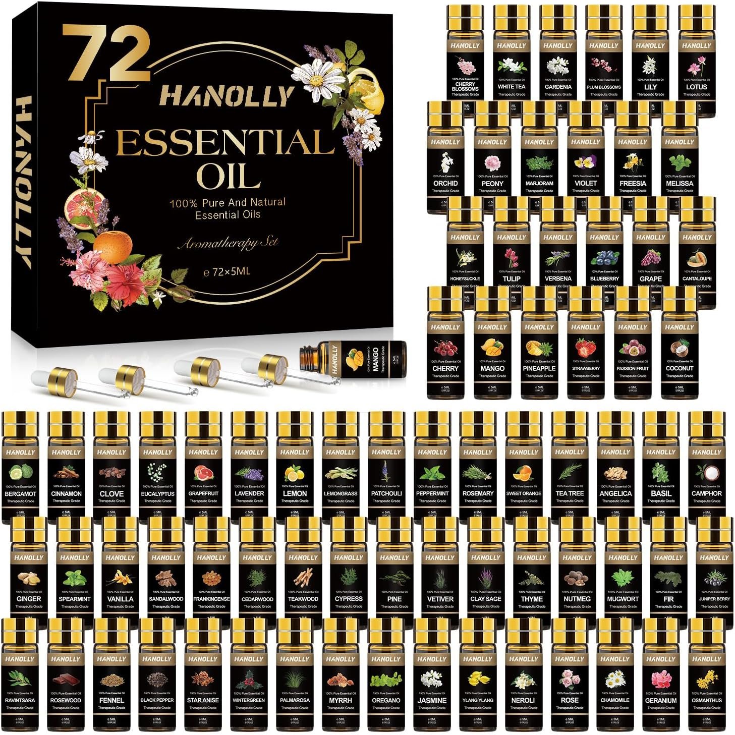 Essential Oils Set, 72 Pcs Pure Aromatherapy Essential Oil Kit, Natural Fragrance Oils for Diffuser, Humidifier, Massage, Skin & Hair Care, Soap, Candle Making, Gift Box for Men & Women(72 * 5ML)