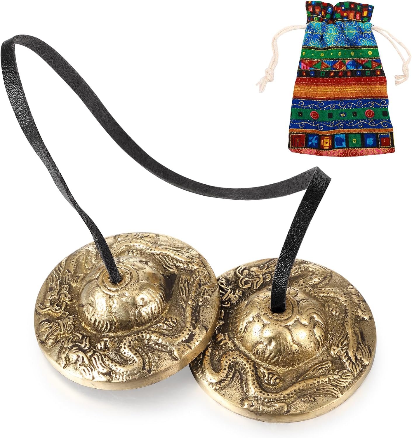 Boao Tibetan Bells Tingsha Cymbals Meditation Chime Bells with Tibetan Drawstring Cloth Bag, 6.3 cm Yoga Finger Meditation Chime for Percussion Instrument(2 Dragons with Bell Embossed)