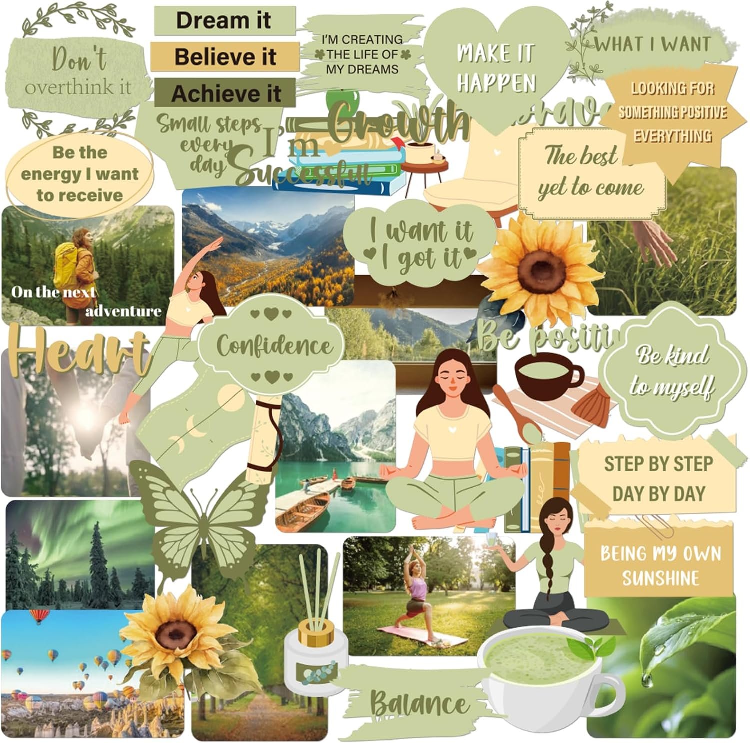 Green Vision Board Stickers – 50 Pcs Travel Planner Waterproof Supplies Kit for Adults Women Girls Forest Tree Inspirational Aesthetic Mental Health Decals for Kindle Book Scrapbooking Journal