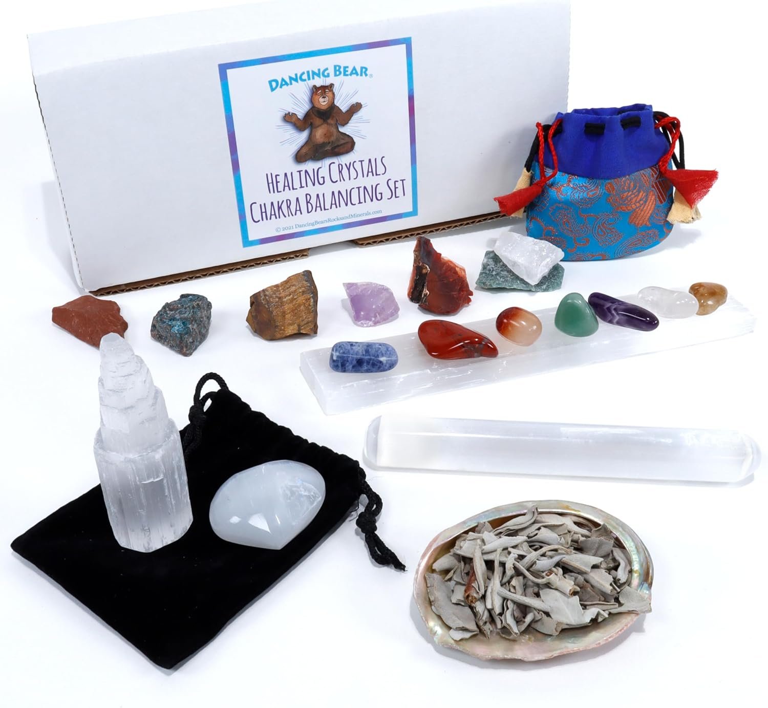 Dancing Bear Healing Crystals Chakra Balancing & Selenite Set, 14 Stones: 7 Tumbled and 7 Rough, Selenite: Tower, Wand, Heart, Charging Plate, Abalone Shell with Sage, 2 Bags, Assembled in The USA