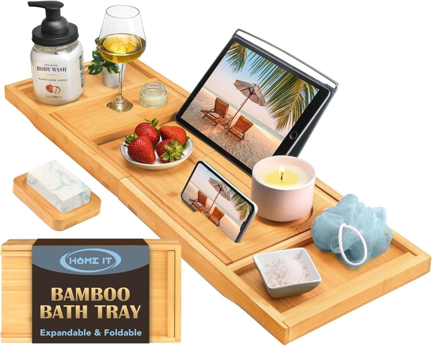Home It Premium Foldable Bathtub Tray – Bamboo Waterproof Bath Tray for tub Caddy – Wooden Holder for Wine, Book, Soap, Phone, Luxury Gift for Men & Women – Expandable, Fits Most Tubs in Bathroom