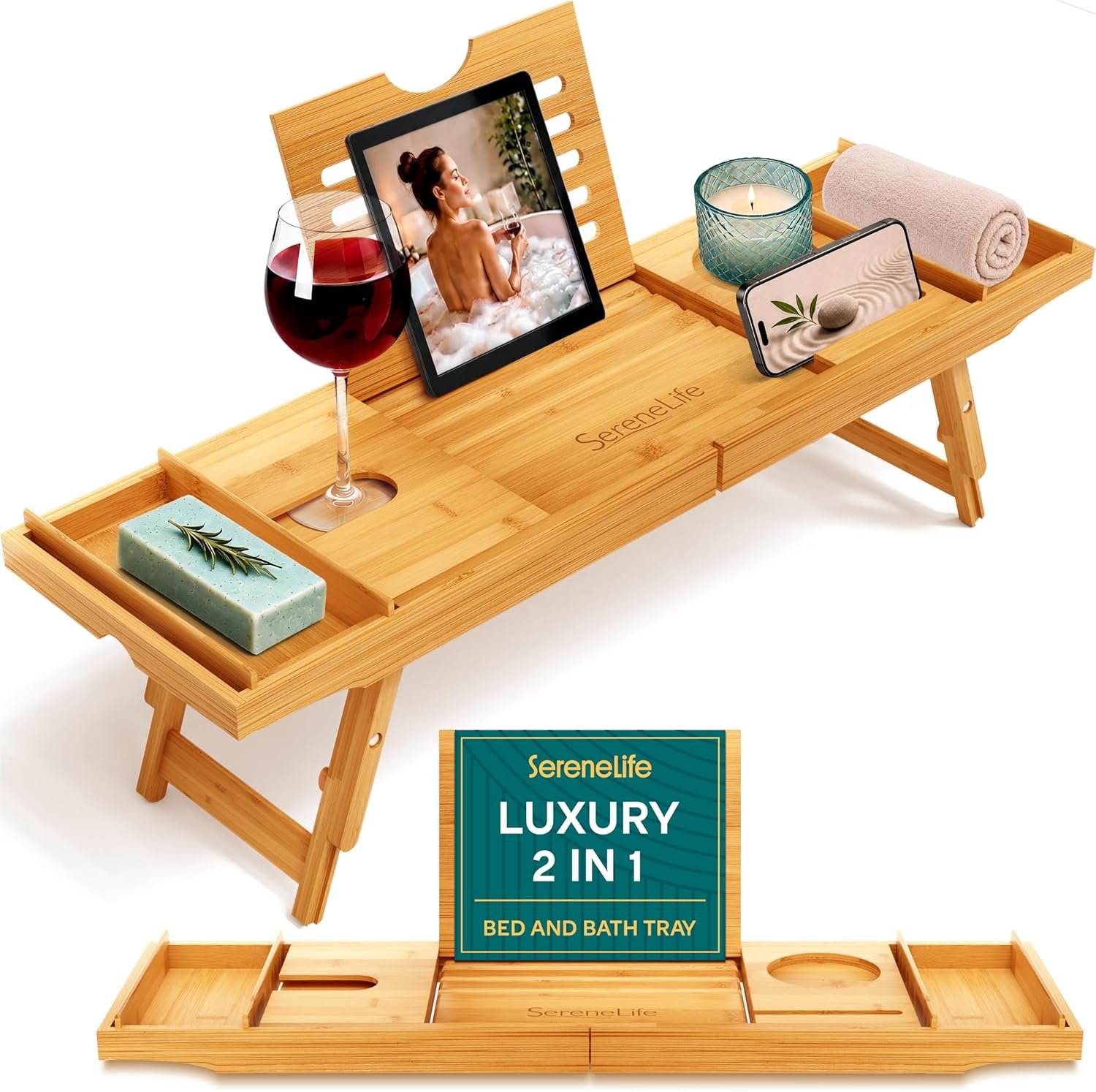 SereneLife Bath Caddy Breakfast Tray Combo – Natural Bamboo Wood Waterproof Tub and Bed with Folding Slide-Out Arms, Device Grooves, Wine Glass Soap Holder