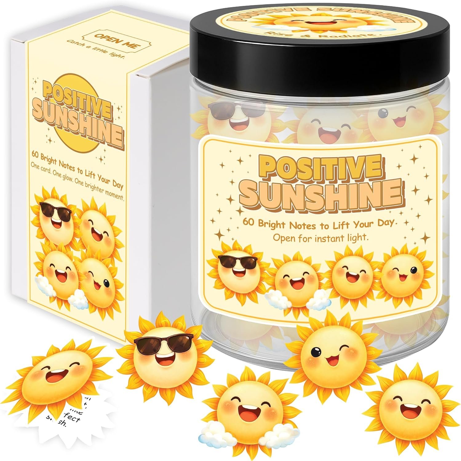 Positive Sunshine Jar – 60 Affirmation Cards for Emotional Support, Yellow Sunshine Gifts for Women & Mom, Motivational & Uplifting Positivity for Coworkers, Friends, Boyfriend, Girlfriend, Teen Girls