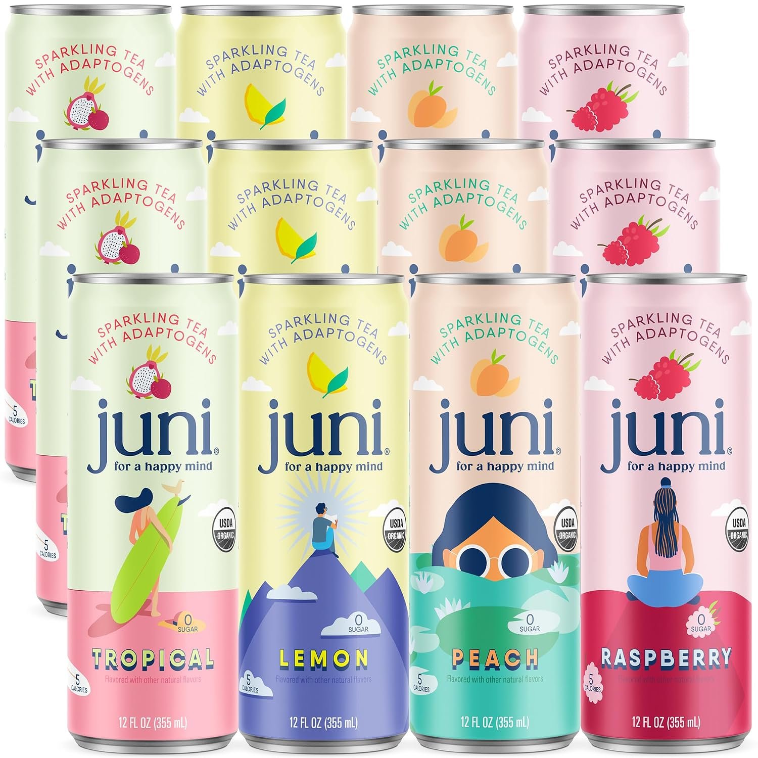 Juni Sparkling Adaptogen Drink with Ashwagandha, Lion’s Mane & Reishi Mushrooms | Green Tea for Focus, Zero Sugar, 5 Calories, Organic | Non Alcoholic Drinks – Variety Pack 12 pack