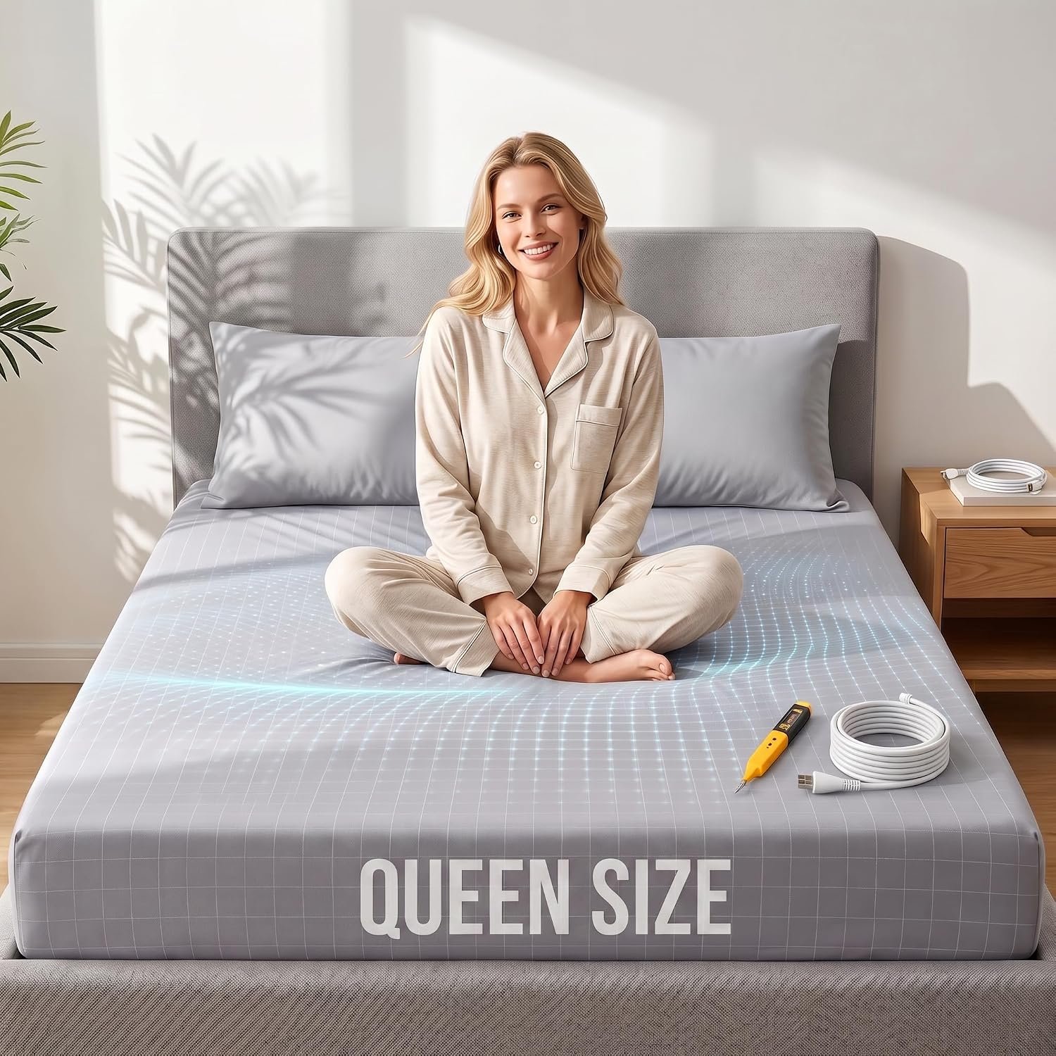Grounding Sheets Queen Size, 76% Cotton+4% Silk+20% Pure Silver, Deep Pocket Grounded Bed Sheet for Improved Sleep, Pain Relief, with Static Grounding Cord and Test Pen (Gray, (60.1 * 80.1 * 15 in))