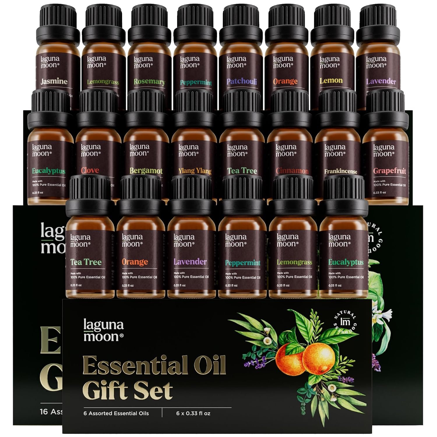 Lagunamoon Top 6 Blends Essential Oil Set (10ml) and 16 Pcs Premium Grade Home Essentials Oils (10ml) – for Diffusers, Home Care, Candle Making Scents, Fragrance, Aromatherapy, Humidifiers, Gifts