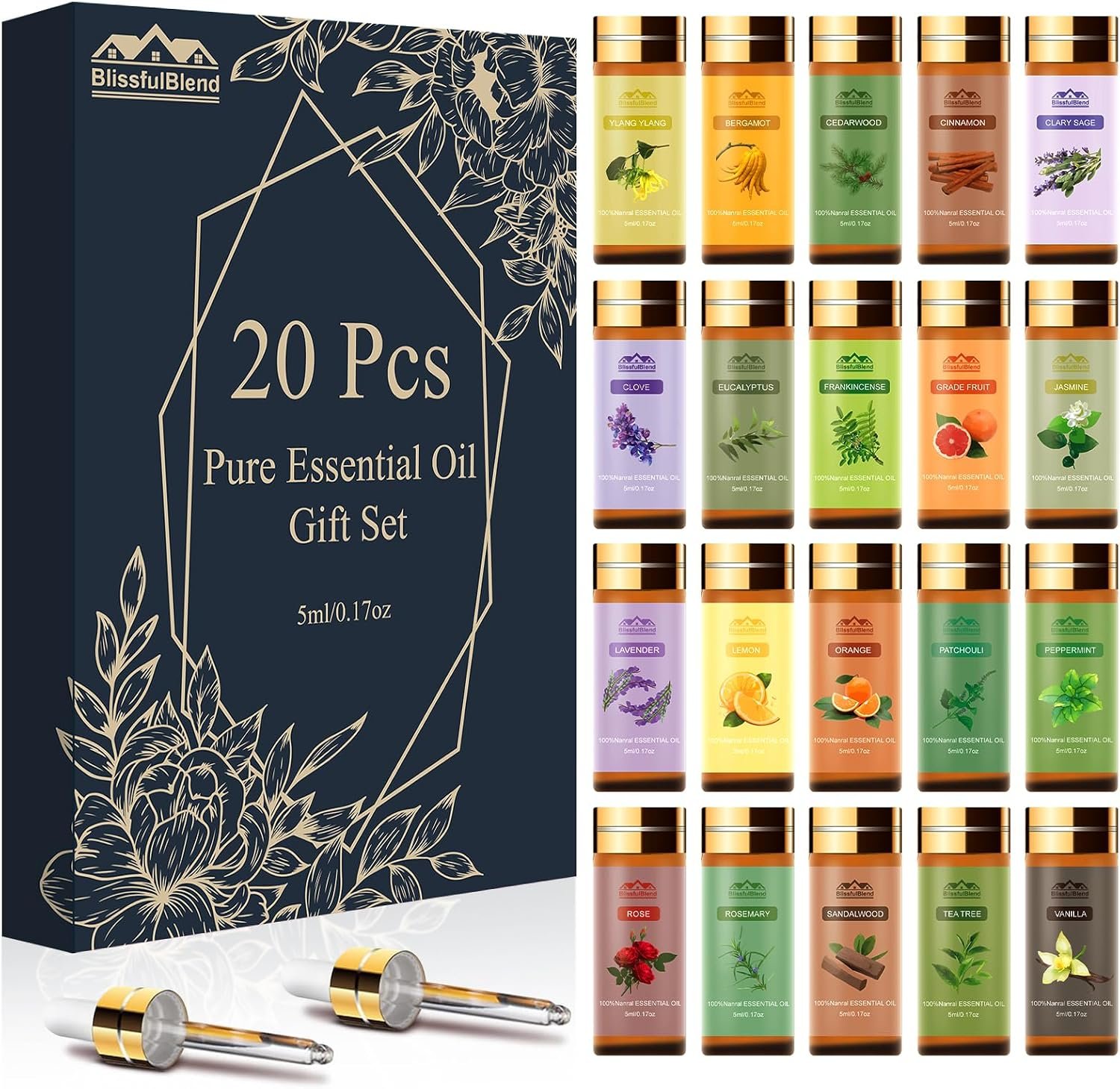 Fragrance Essential Oils Set, Essential Oils for Diffuser, for Home, Skin, Candle & Soap Making-Tea Tree, Lavender, Peppermint, Rose and More, with Gift Card for Friend, Teacher, Mom(20×5ml