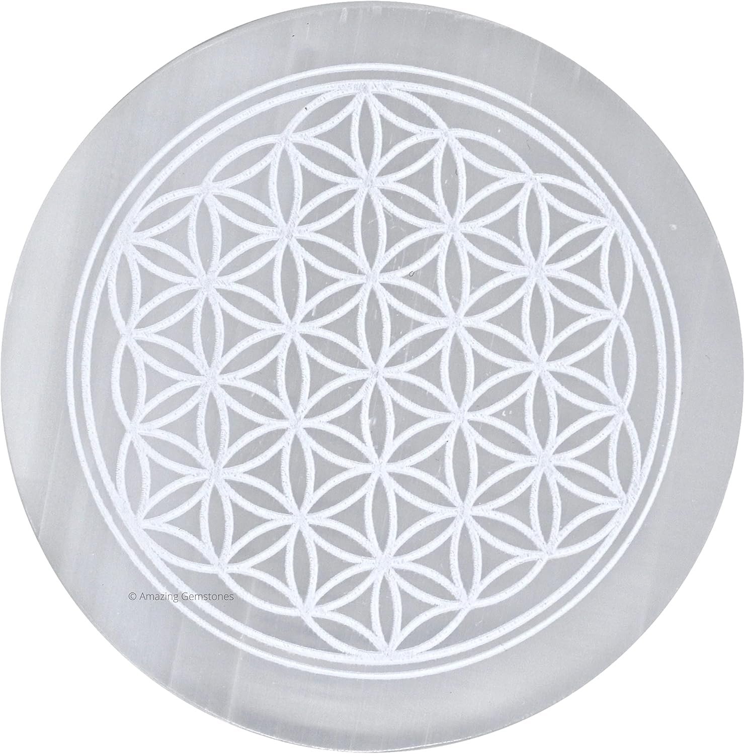 Amazing Gemstone Selenite Crystal Charging Plate For Crystals And Healing Stones, 3″ Selenite Crystal Plate Engraved Flower of Life Coaster For Home, Office Table Decor (Selenite Round Disc)