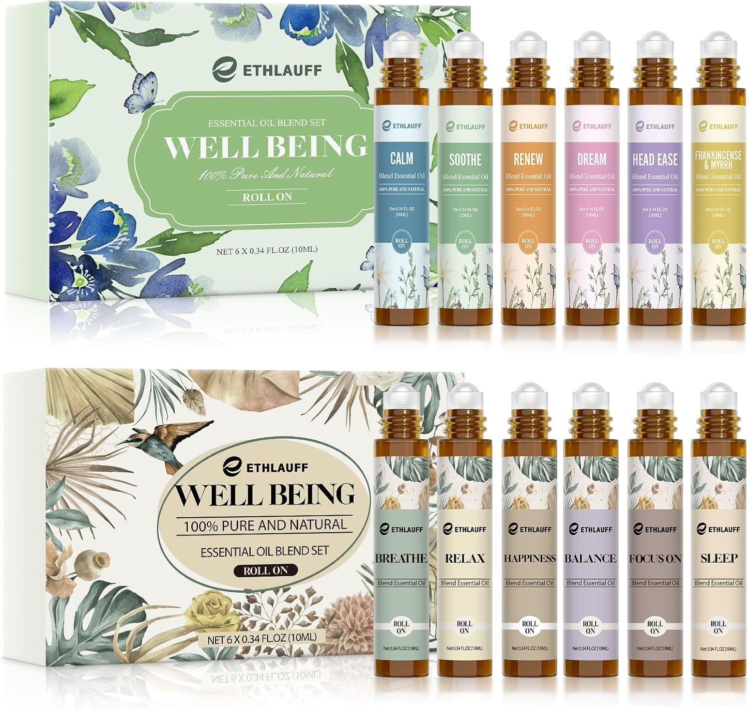 Essential Oils Roll On Set 12 Pack -(Calm, Renew, Soothe, Dream, Head Ease, Frankincense & Myrrh) Relaxation Self Care Gifts,Aromatherapy Oil with Roller Ball – Stress Relief Gifts for Women and Men