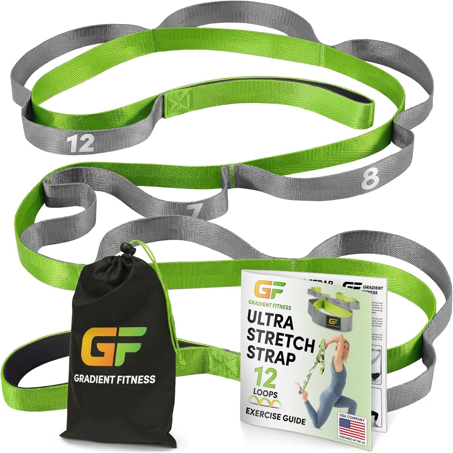 Gradient Fitness Stretching Strap for Physical Therapy, 12 Multi-Loop Stretch Strap 1″ W x 8′ L, Neoprene Handles, Physical Therapy Equipment, Yoga Straps for Stretching, Leg Stretcher.