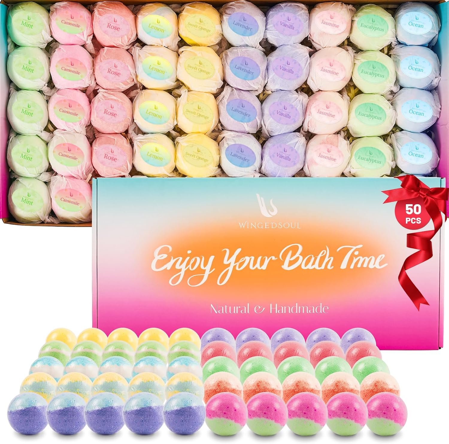 Organic Bath Bombs Set 50 PCS with 10 Rich Scents, Handmade Bath Bombs for Women with Essential Oils, Natural Bubble Bath for Moisturizing Skin, Spa Gift for Mother’s Day Christmas Birthday Easter