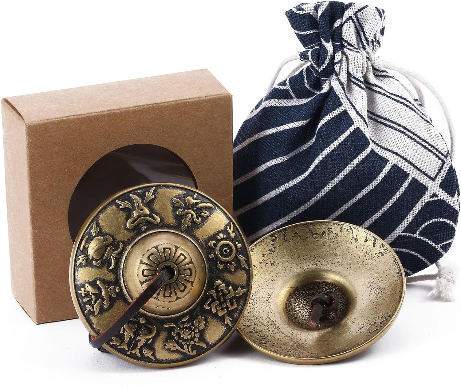 Tibetan Tingsha Cymbals Meditation Chime Bells 2.5″ 8 Lucky Symbols Embossed Brass with Gift Box Drawstring Cloth Bag for Sound Healing, Yoga, Stress Relief Meditation Instruments