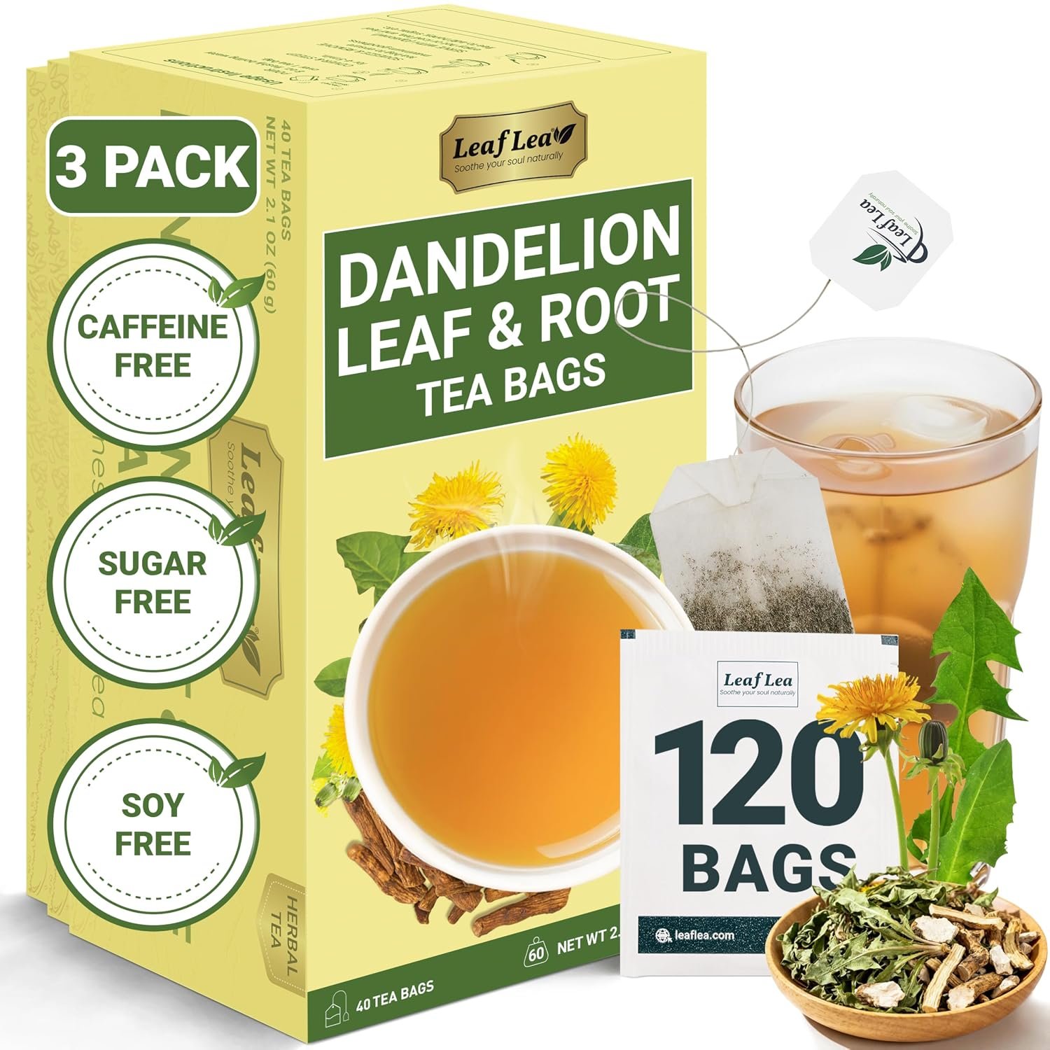 LeafLea Dandelion Root & Leaf Tea Bags, Premium Herbal Tea, 120 Count | Natural Dandelion Root Tea Blend With Leaves, Te De Diente De Leon, Caffeine-Free, Sugar-Free, Vegan, 3 Pack