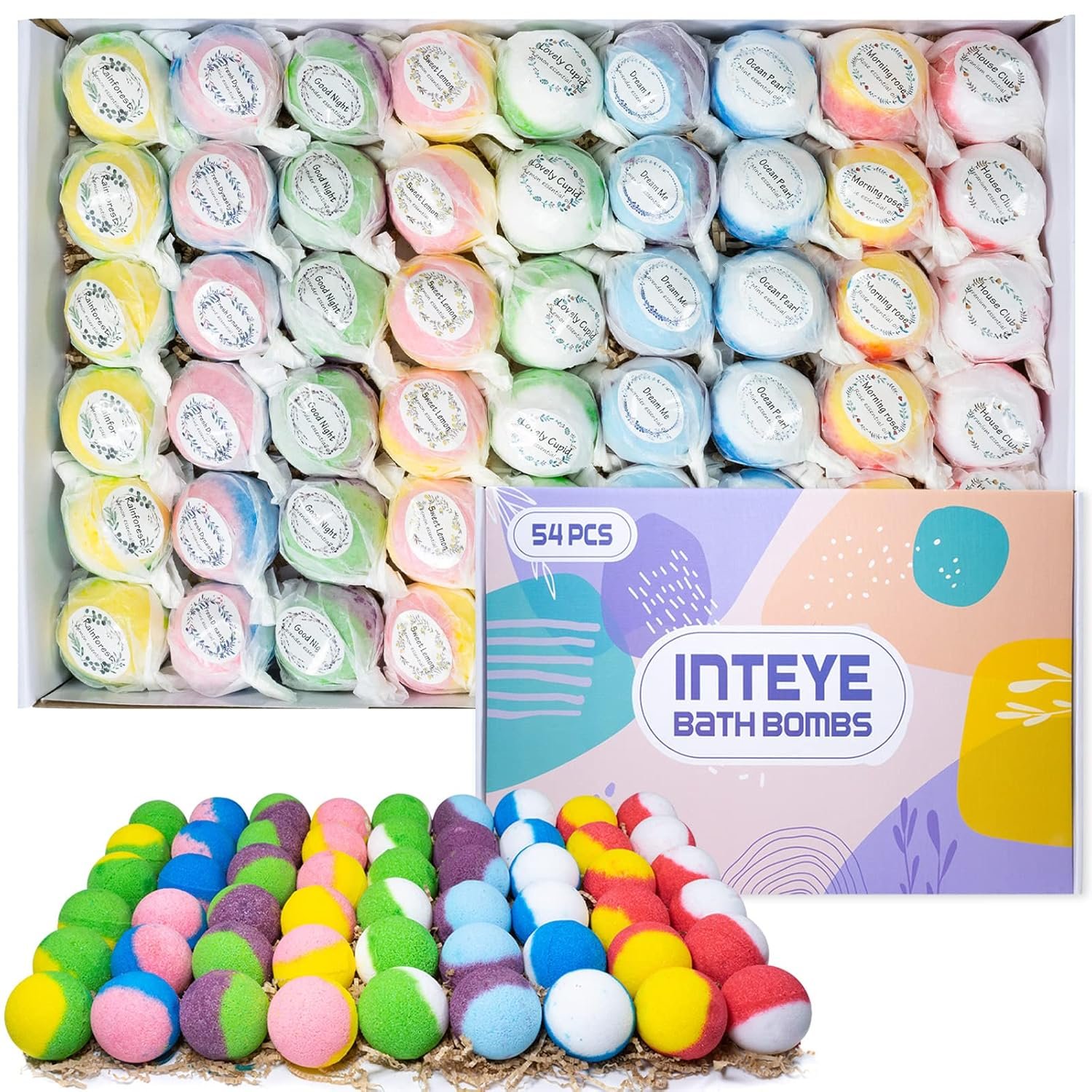 INTEYE Luxury Bath Bombs Gift Set – 54pc Skin-Nourishing Mineral Bath Salts with Natural Essential Oils & 9 Aromas | Spa-Qualit Self-Care for Women, Men, Kids (Eco-Friendly Packaging)