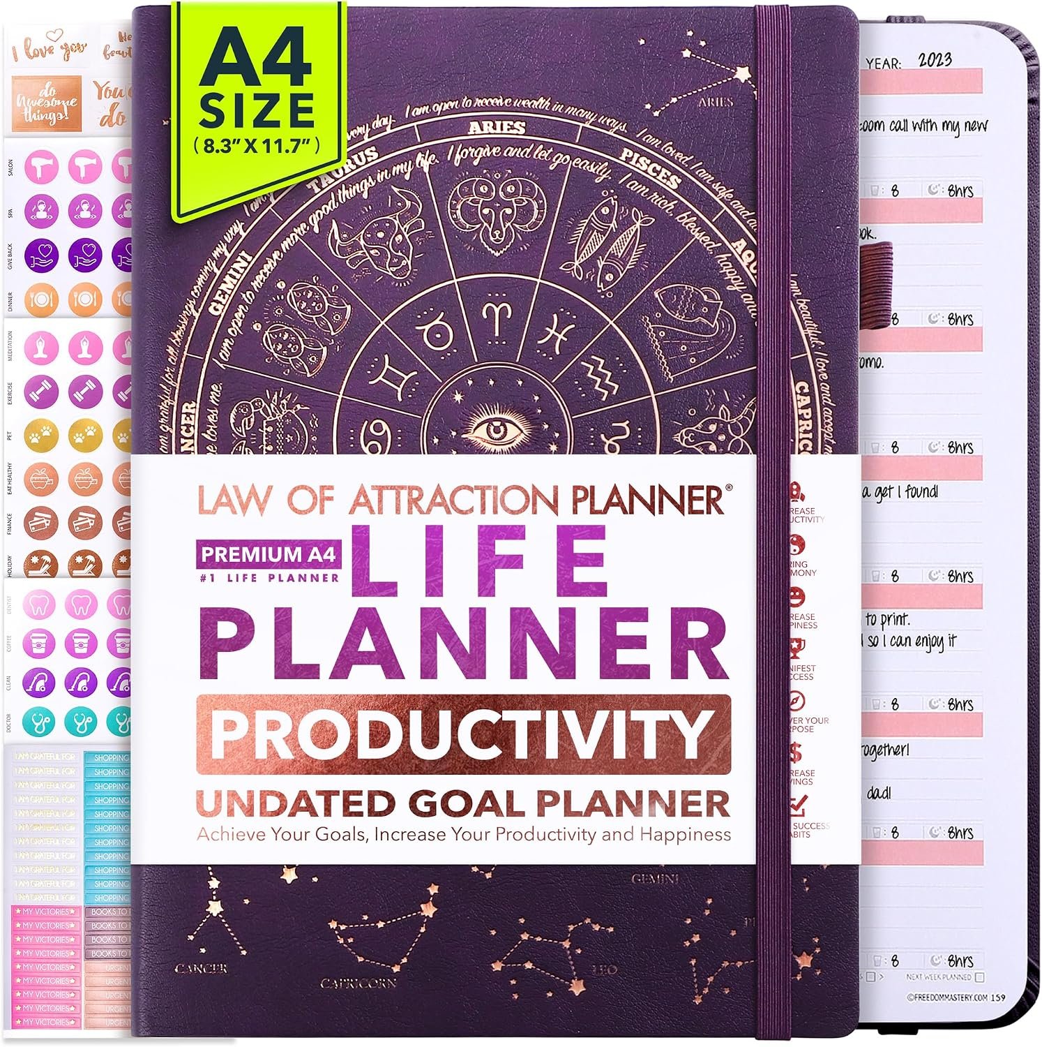 Life Planner – Undated Weekly & Monthly Planner, 12-Month Journey to Increase Productivity | Gratitude Journal, Life Organizer & Goal Journal | Include Foldable Vision Board, Habit Tracker & Stickers