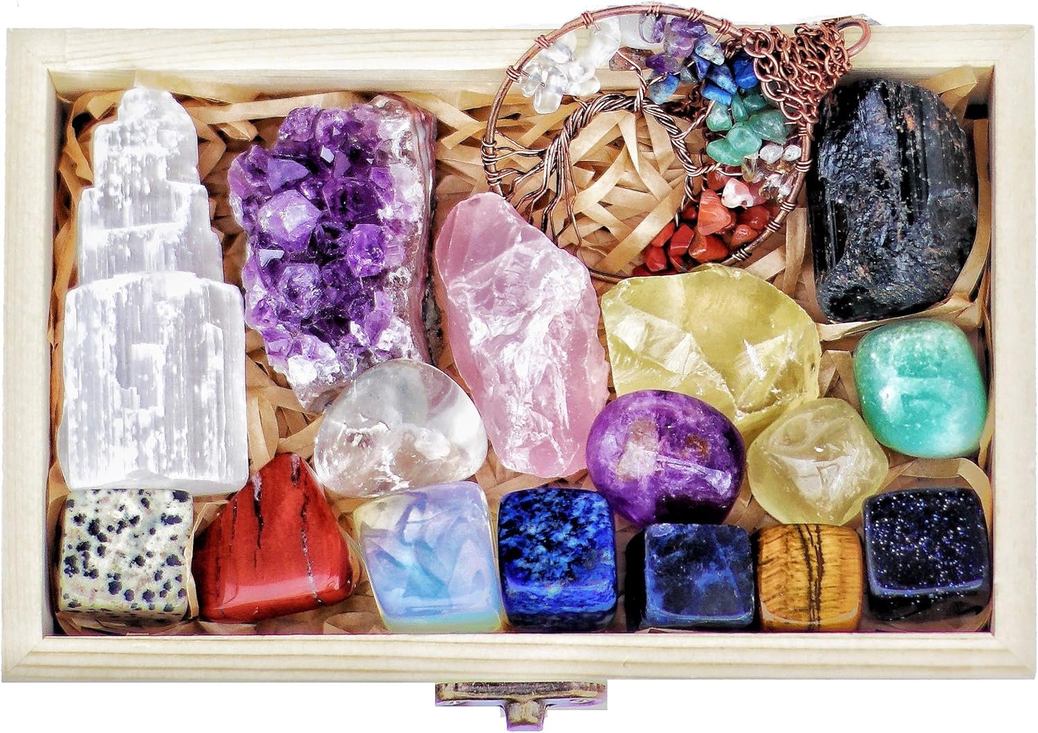 AtPerry’s Healing Crystals Set – 16 Real Chakra Crystals & Stones for Stress & Anxiety Relief, Wooden Gift Box + Tree of Life Necklace + Guide Book, Selenite Amethyst Rose Quartz – Gift for Women