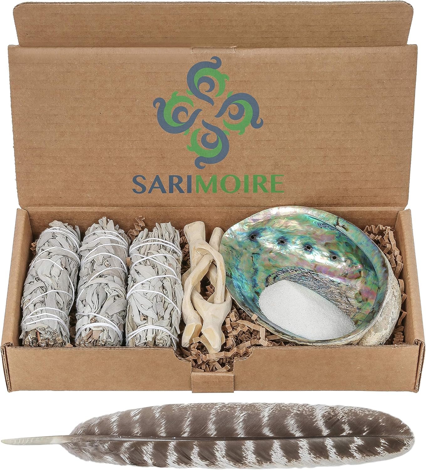 Sage Smudge Kit – White Sage Smudge Sticks – 4in ~ Abalone Shell 5-6in ~ 2in Tripod Stand ~ 9-12in Feather and White Sand
