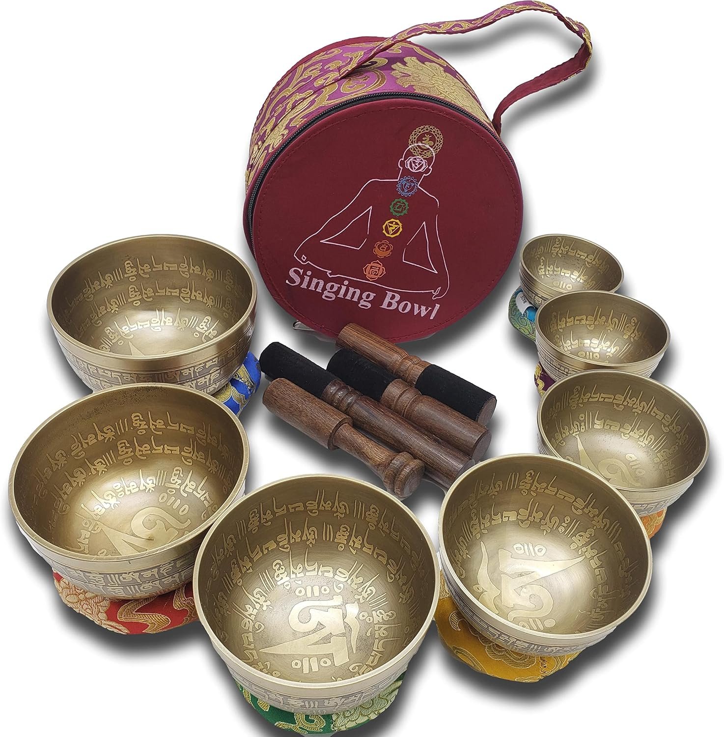 Khusi Tibetan singing bowls chakra sets, hand carved buddha mantra and symbol, sets of seven divine sound bowl.