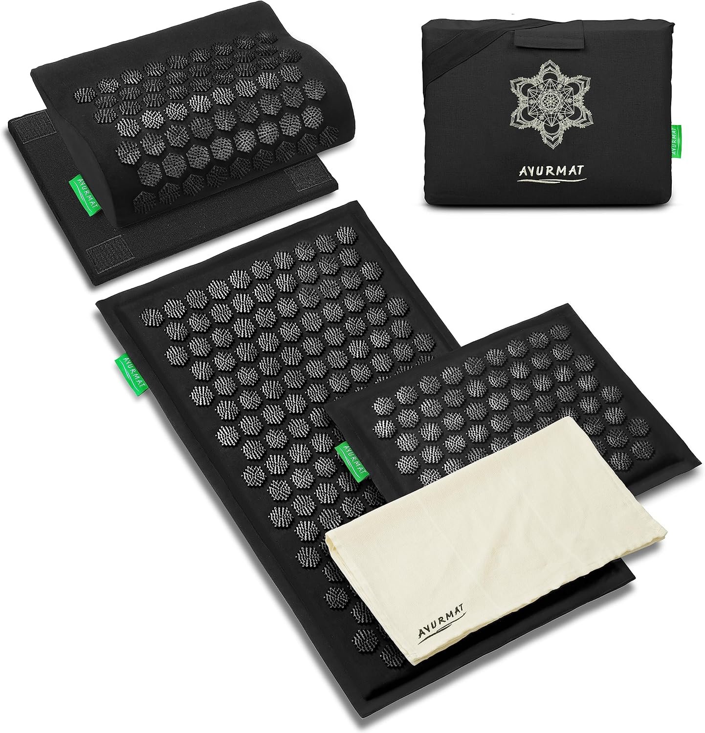 Acupressure Mat and Pillow Set – Full Body Acupuncture Mat Black | Premium Eco-Friendly Linen and Coconut Fiber Mat. Ideal for Full Body Pain Relief, Stress Reduction & Muscle Relaxation.