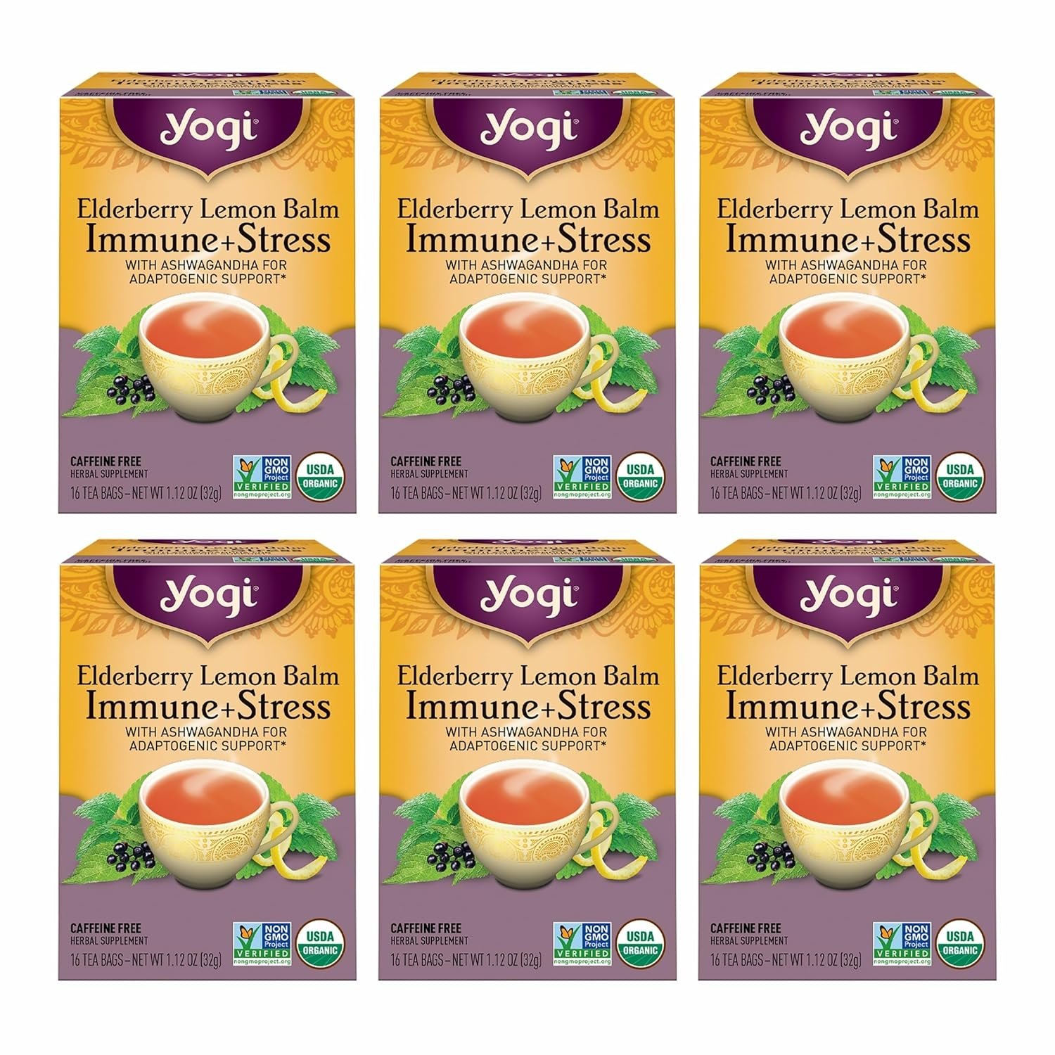 Yogi Tea Elderberry Lemon Balm Immune & Stress Tea – 16 Tea Bags per Pack (6 Packs) – Organic Immune Support Tea – Includes Ashwagandha Root, Lemon Balm Leaf, Lemongrass, Licorice Root & More.