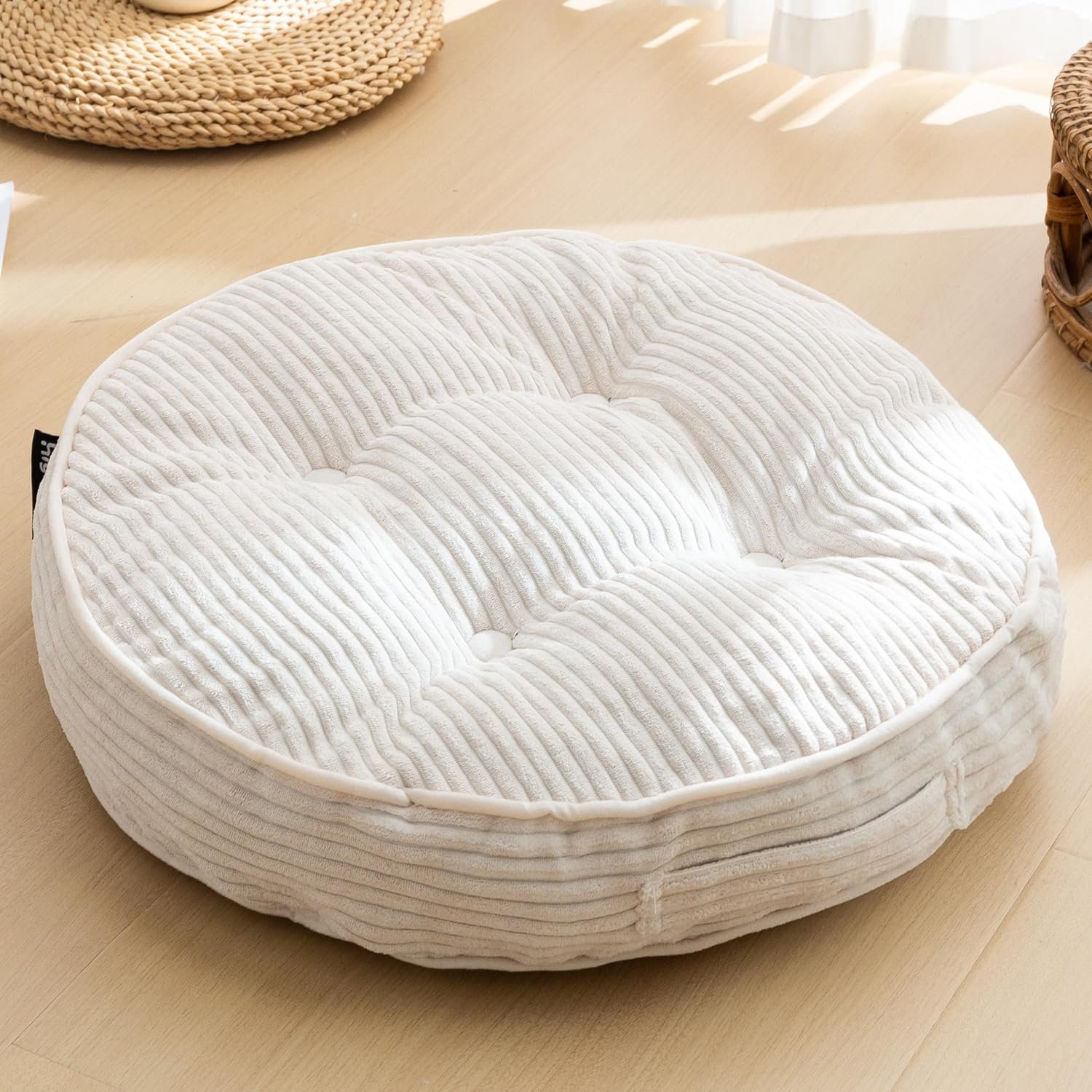 HIGOGOGO Floor Pillow Cushion for Adults, Meditation Cushion Pillow, Large Round Floor Sitting, Tufted Corduroy Cover, for Tatami Living Room or Yoga, 22×22 Inch, Beige