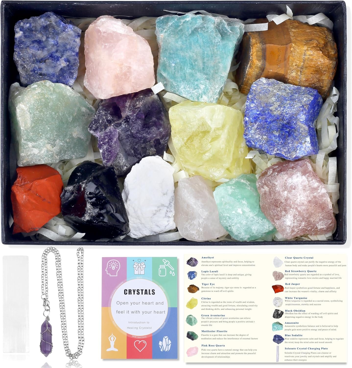 MAIBAOTA 17 Pcs Crystals and Healing Stones 14 Pcs Raw Healing Crystals and Chakra Stones Set Amethyst Rose Quartz Selenite Gemstones Necklace for Meditation Guide for Beginners (with Gift Box)