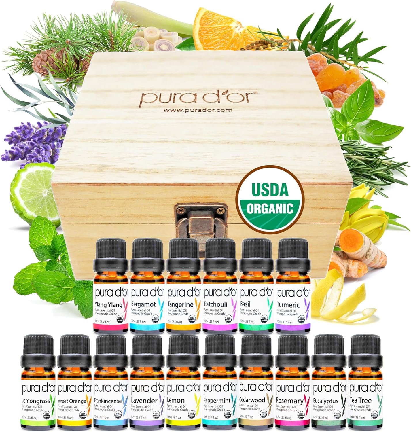 PURA D’OR Organic Sweet16 Essential Oils Set – 16x 10mL Wood Box Aromatherapy Gift Set – 100% Pure Therapeutic Grade for Relaxation and Wellness (Lavender, Rosemary, Turmeric, Ylang Ylang & More)