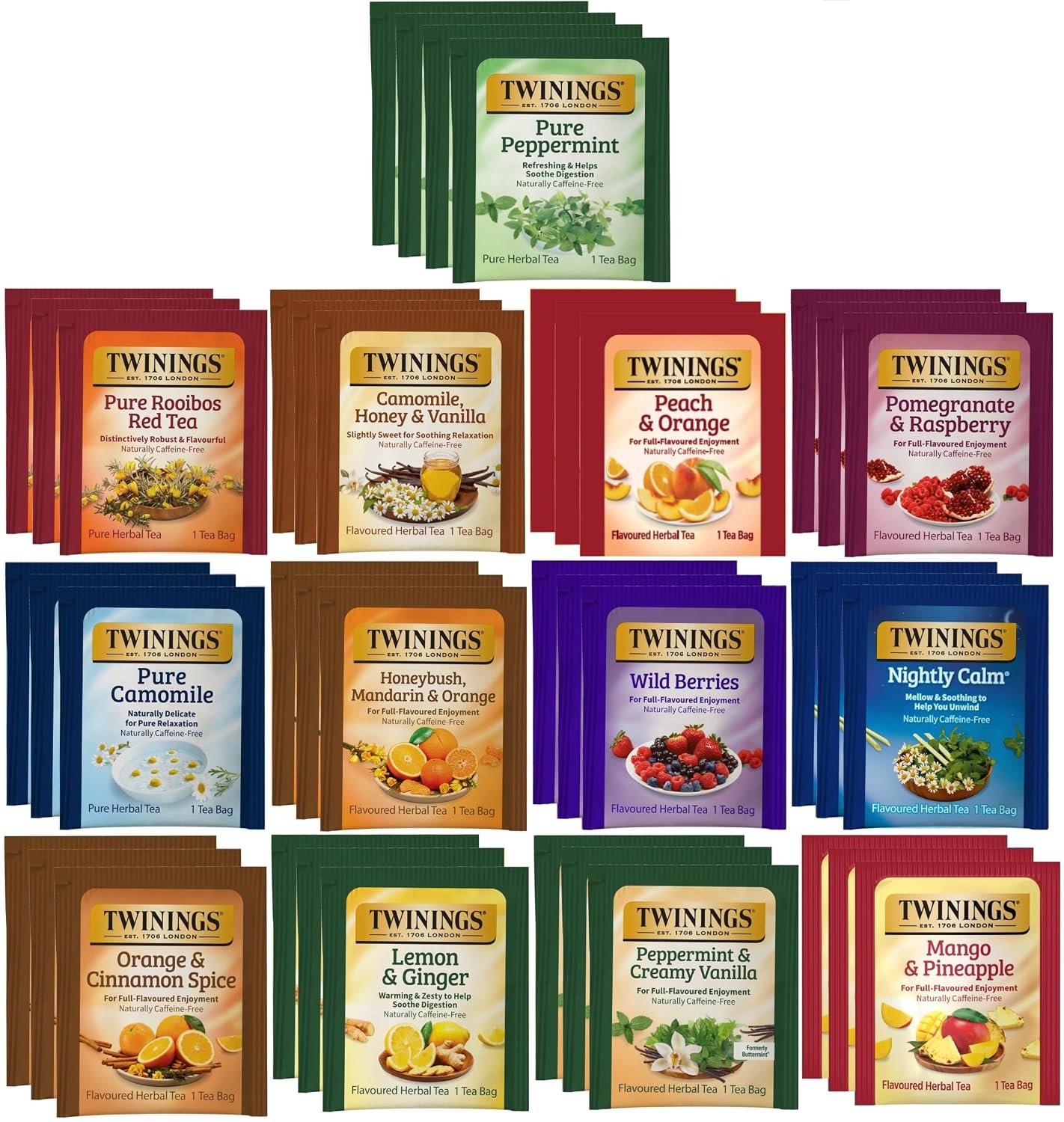 Twinings Assorted Herbal, Naturally Caffeine-Free Tea Bag Sampler (40 Count) 13 Flavour Boxed Variety Gift Set