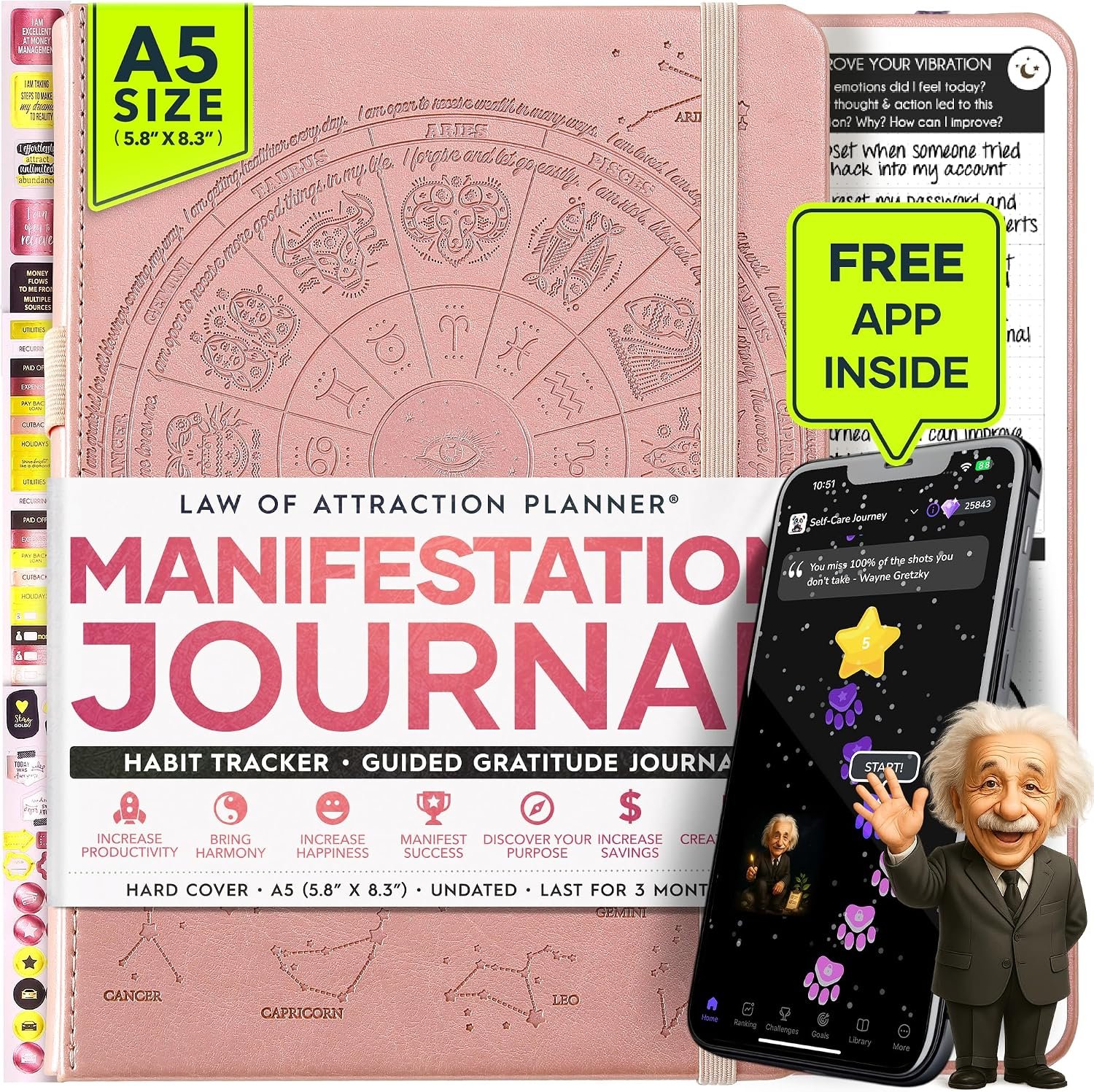 Freedom Mastery Daily Journal of Gratitude, Productivity & Habit Tracker | Undated 90-Day Planner with Daily Reflection, Mindfulness, Positivity, Vision Board & Stickers, Gratitude Journal for Women