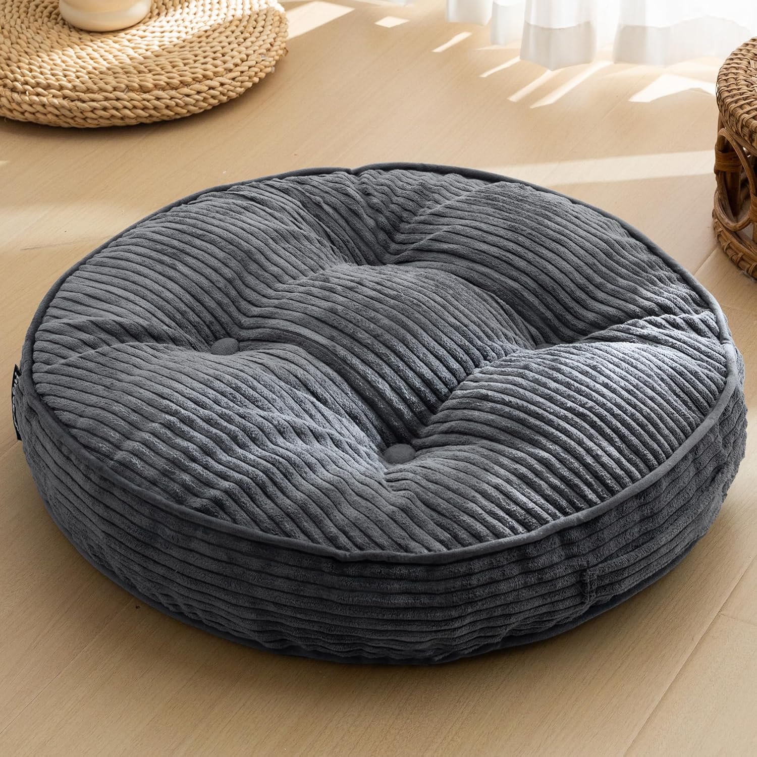 HIGOGOGO Floor Pillow Cushion for Adults, Meditation Cushion Pillow, Large Round Floor Sitting, Removable Tufted Corduroy Cover, for Tatami Living Room or Yoga, 22×22 Inch, Dark Grey
