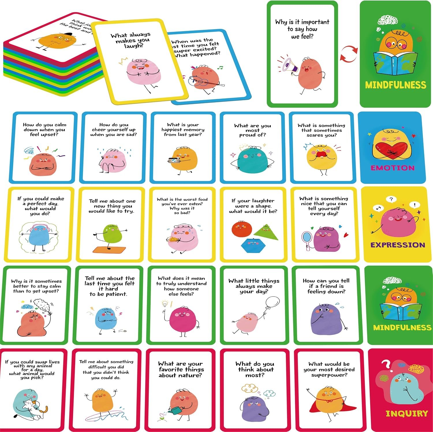 70 Conversation Cards, 4 Category Mindful Talk for Students, Authentic & Meaningful Question Cards for Parents, Kids, Classroom Activity & Road Trip – Improve Expression, Communication, Social Skill
