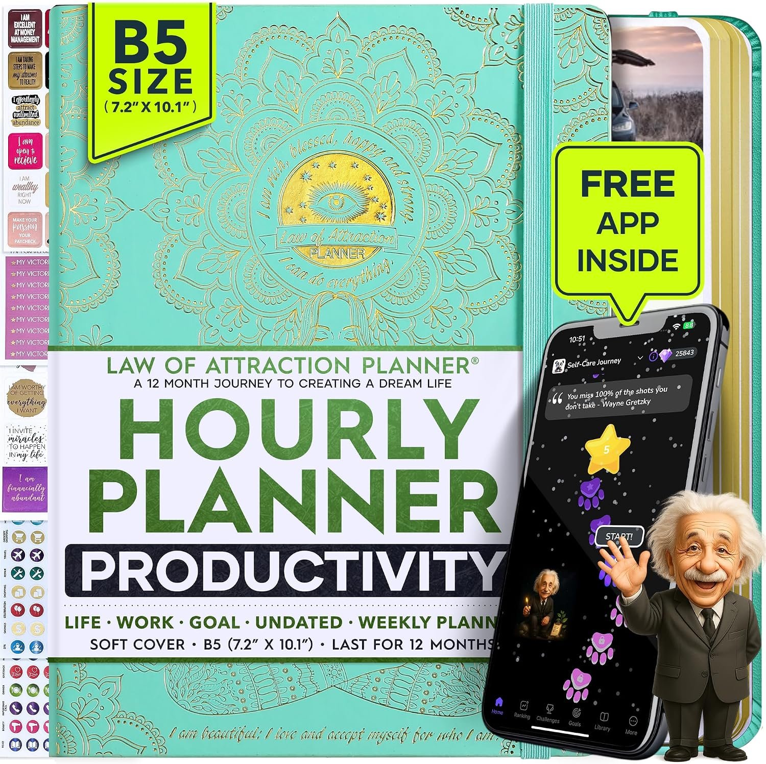 Life Planner Deluxe Undated Planner Weekly and Monthly Manifestiing Journal | Start Anytime Manifestation Journal with Hourly Scheduling, Goal Setting, Positivite Habit Tracker, Vision Board & Stickers