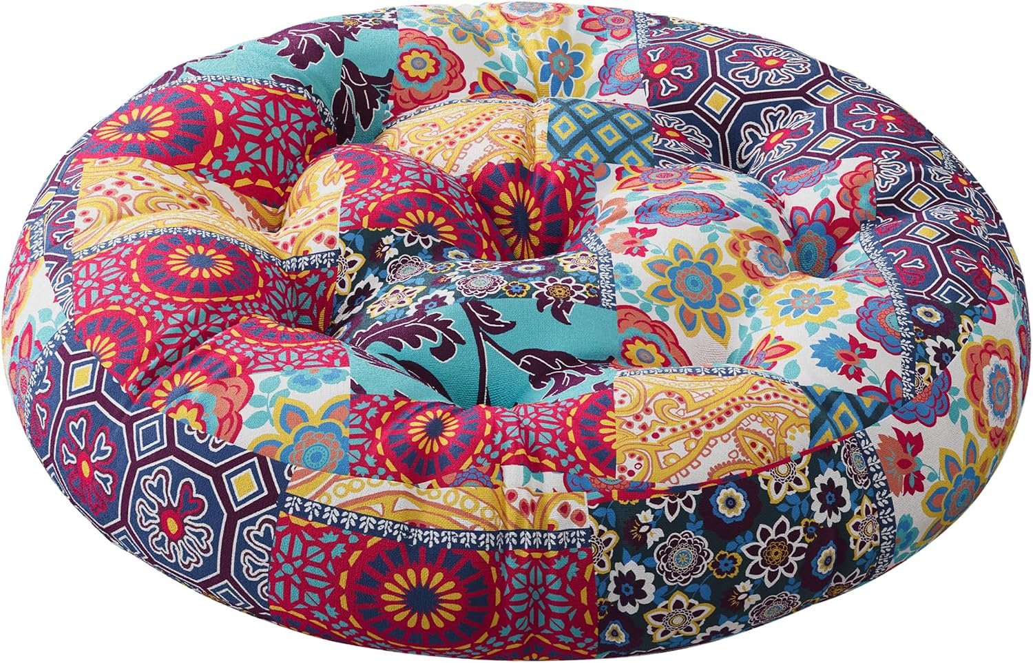Codi Meditation Floor Pillow, Boho Pillows Seating for Adults and Teens, Large Round Cushion for Yoga Living Room Tatami Sitting, Memory Foam Added, 22×22 Inch, Multi Patchwork