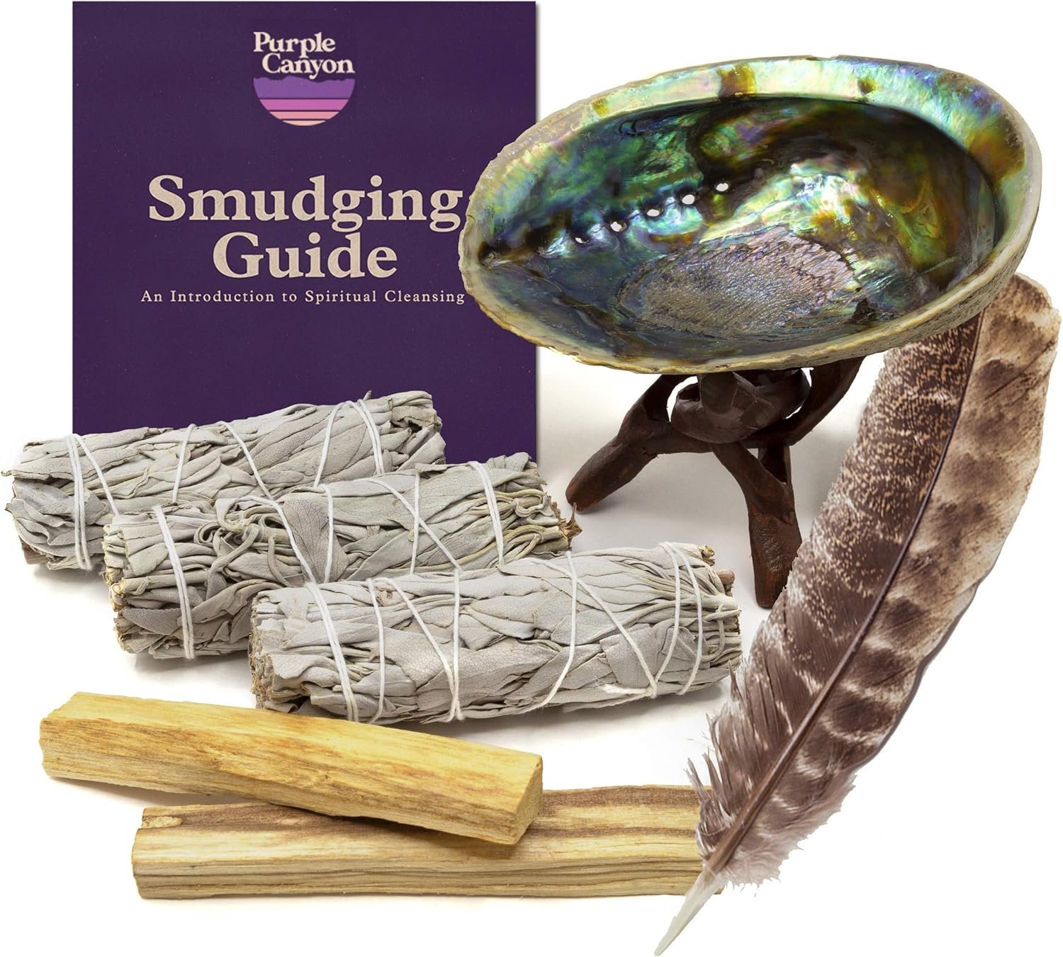 Purple Canyon Smudge Kit (Beginner’s Gift Set) – 3 White Sage Smudge Sticks, 2 Palo Santo, Abalone Shell, Smudge Feather w/Stand + Smudging Guide for Home Cleansing & Healing Meditation Rituals