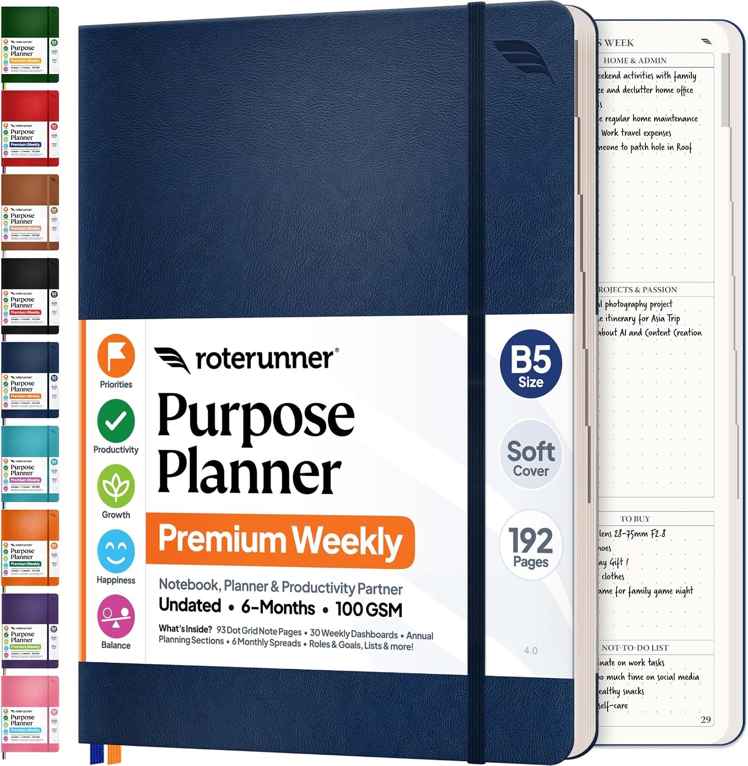 Roterunner Purpose Planner Notebook B5 7.5”x9.8” Undated Planner 2026 Daily Weekly and Monthly Productivity Goal Setting Tool for Work Home ADHD Planner for Adults Self Care Journal